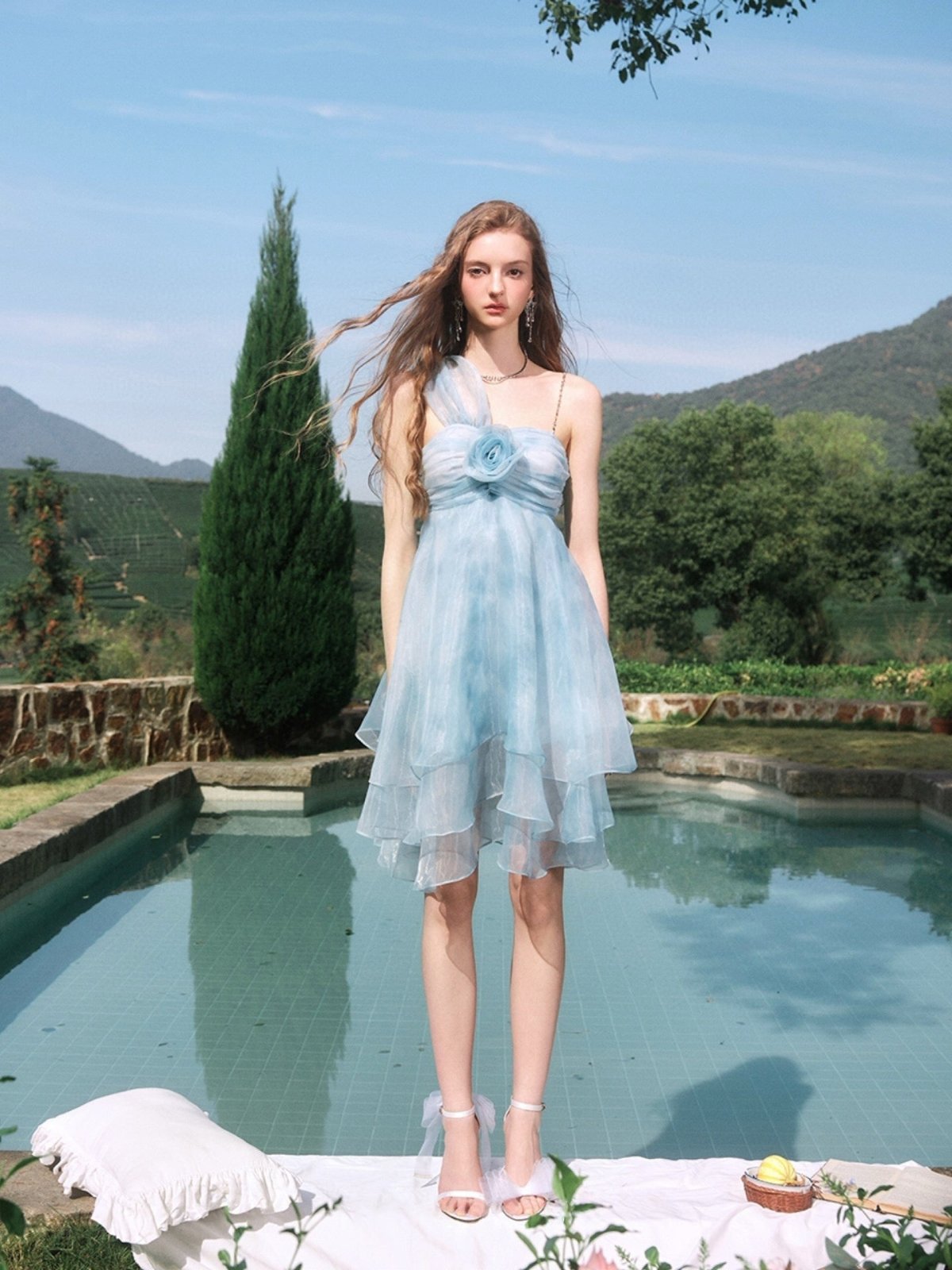 Dyed Organza Rose Layered Mini Dress in Blue