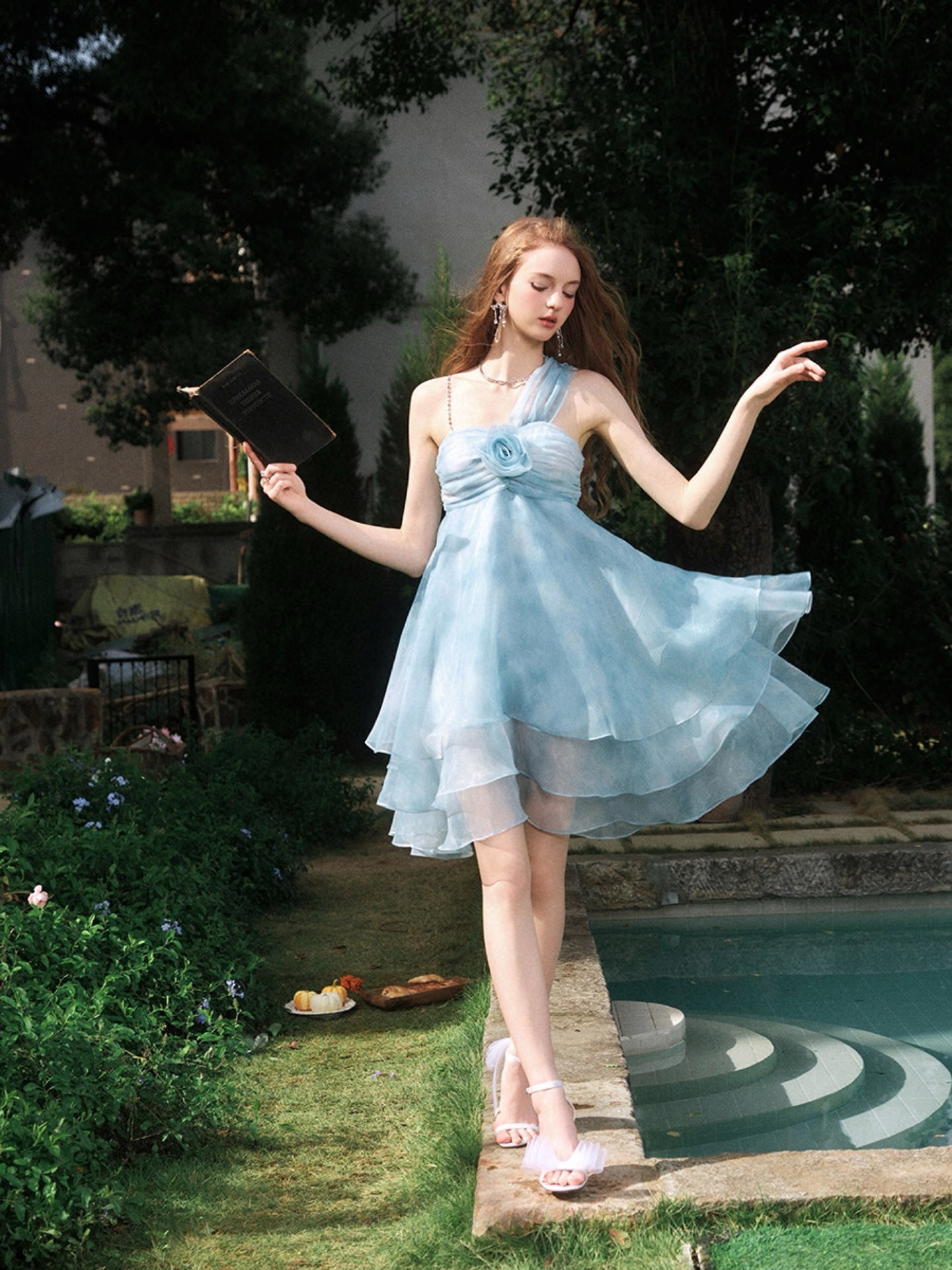 Dyed Organza Rose Layered Mini Dress in Blue
