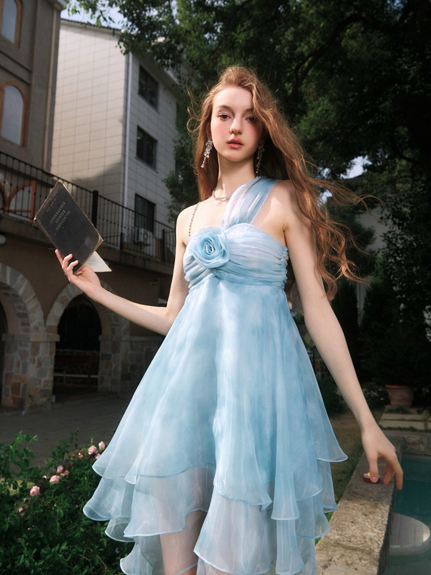 Dyed Organza Rose Layered Mini Dress in Blue