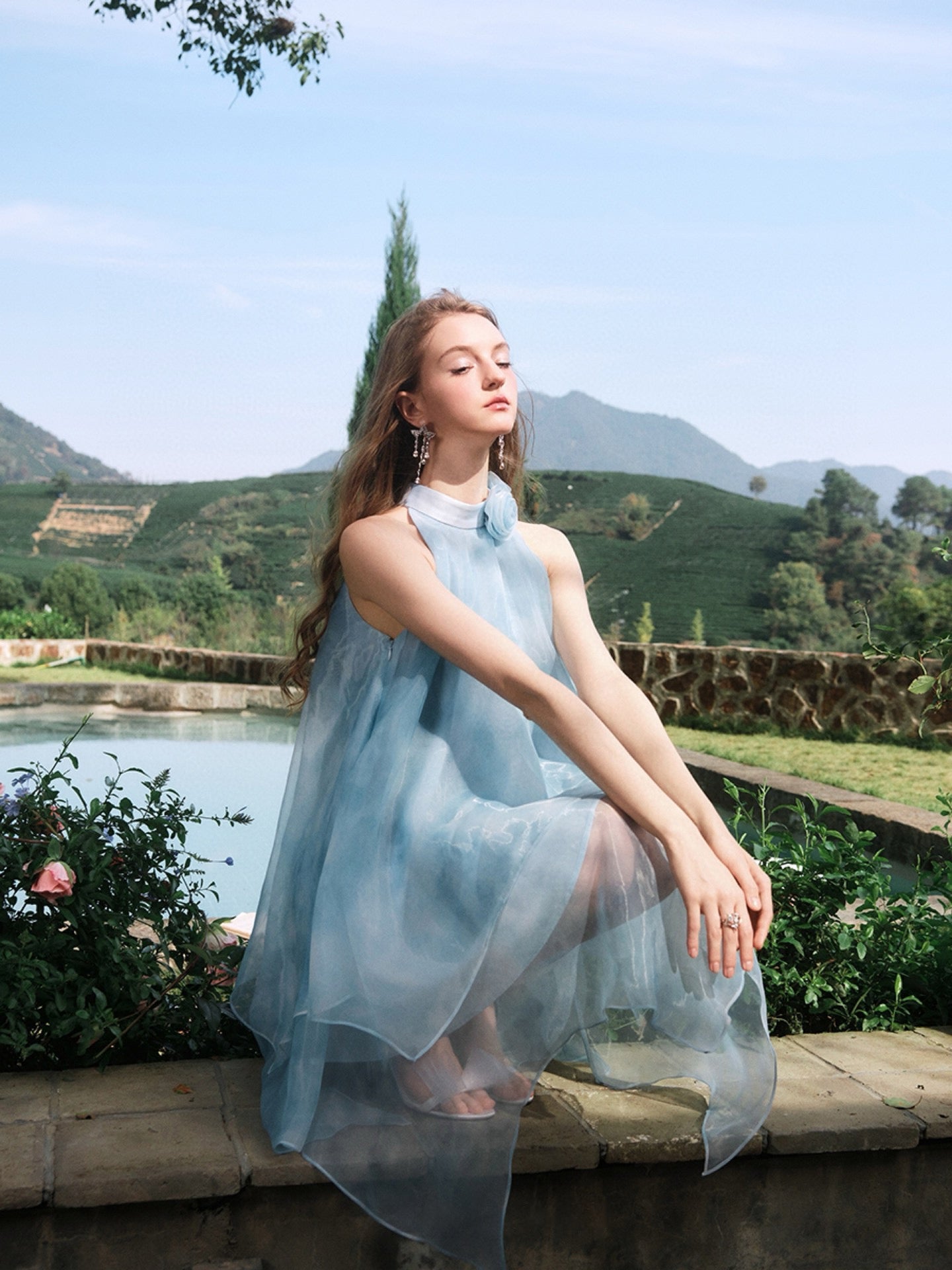 Dyed Organza Asymmetrical Hem Dress in Blue