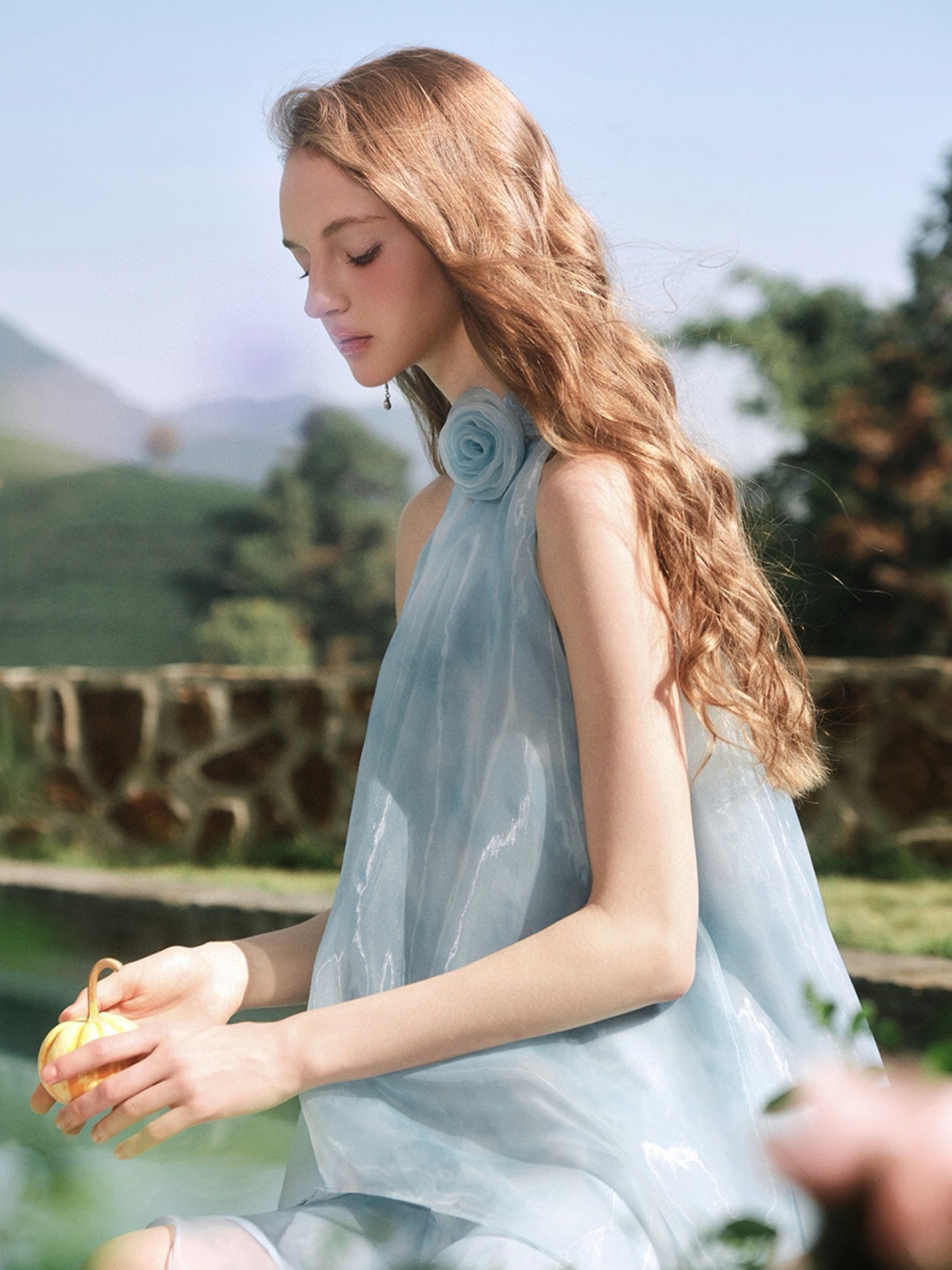 Dyed Organza Asymmetrical Hem Dress in Blue