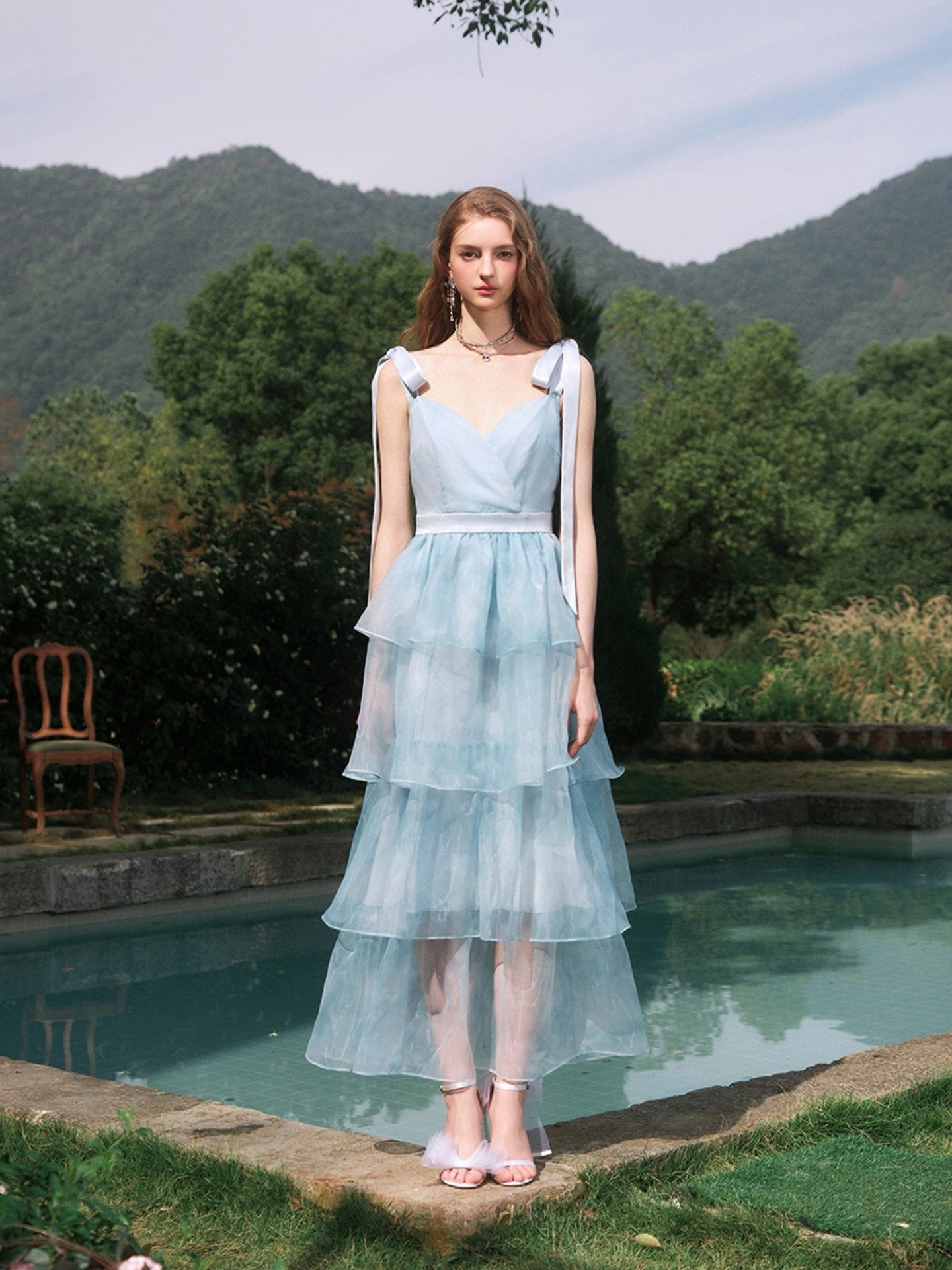 Dyed Organza Tiered and Layered Midi Dress In Blue