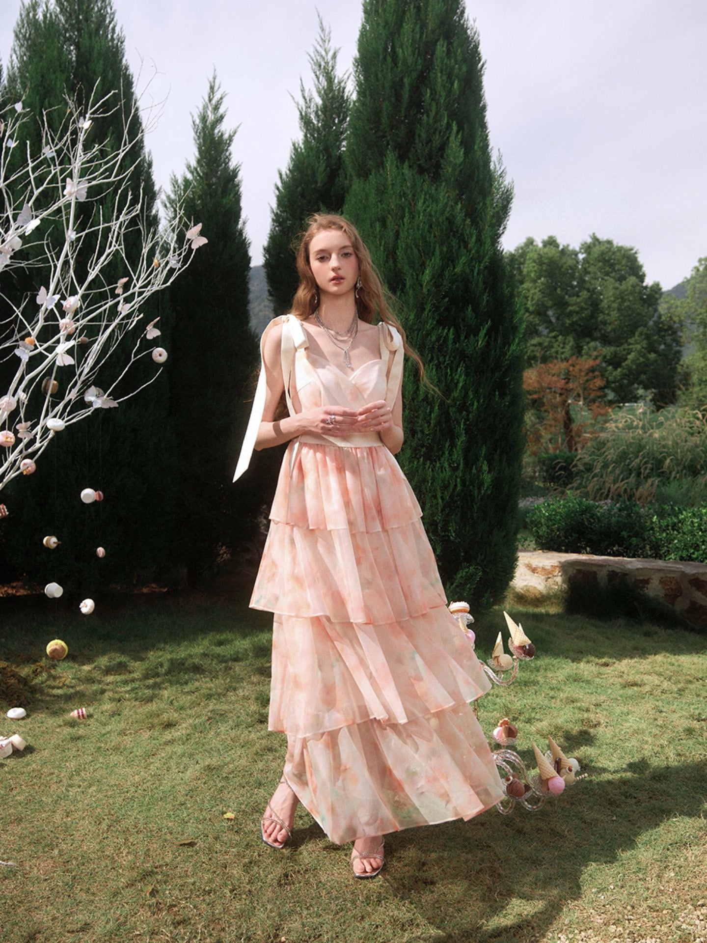 knee length dresses for ladies Floral Layered Wrap Midi Dress