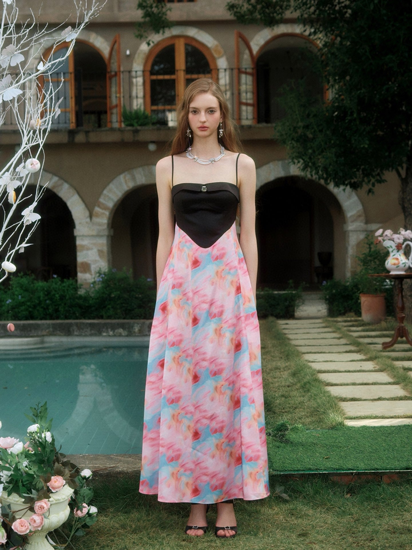 Black and Watercolor Printed Cami Maxi Dress