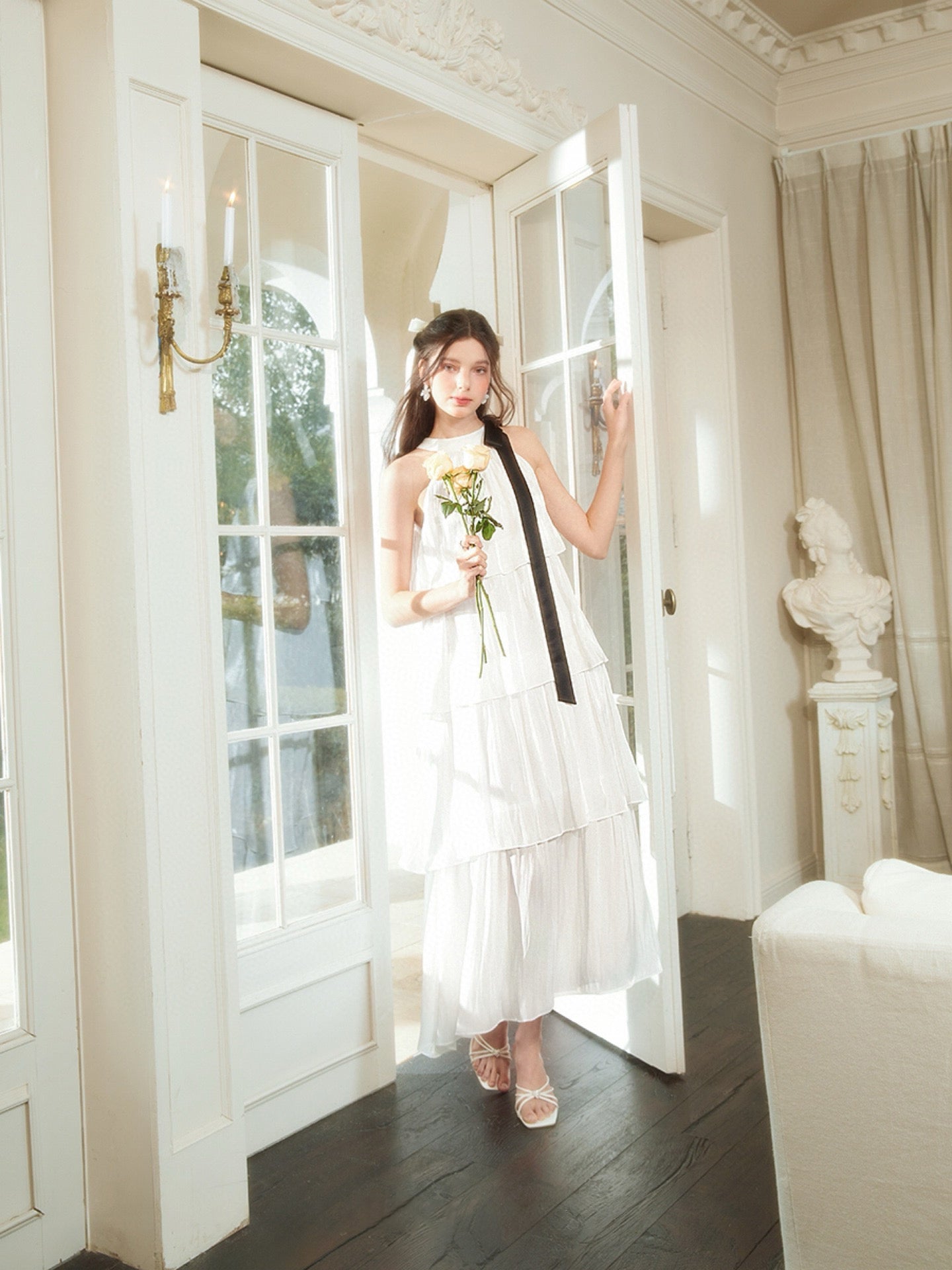 Tiered and Layered Flowing Midi Dress in White