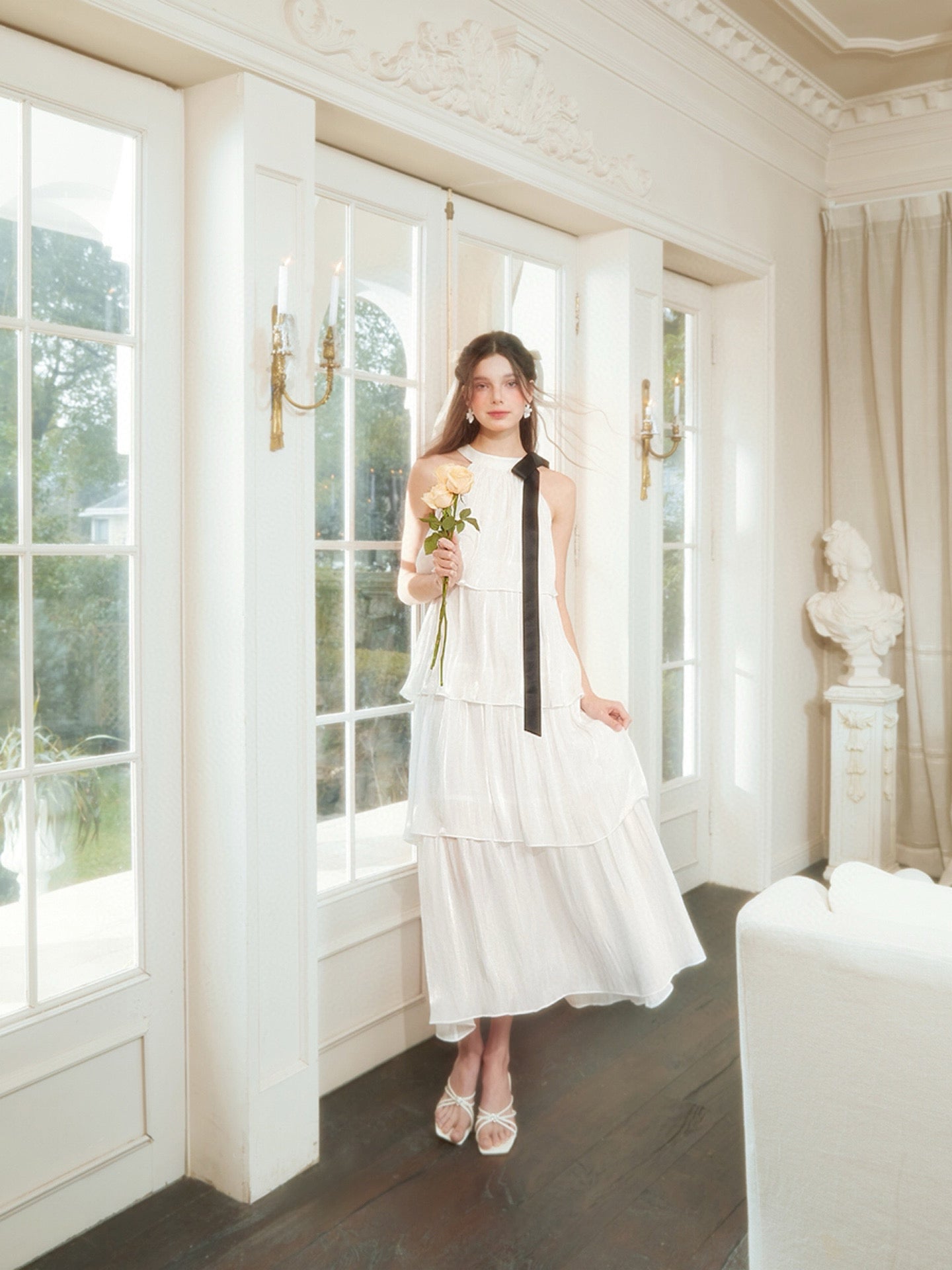 Tiered and Layered Flowing Midi Dress in White