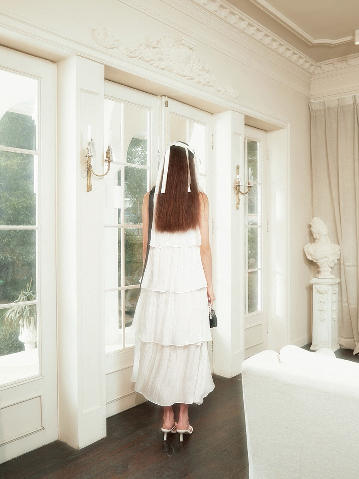 Tiered and Layered Flowing Midi Dress in White