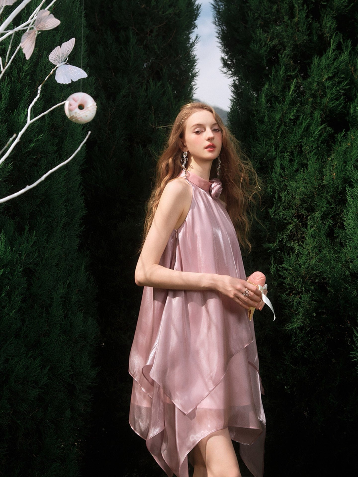 Dyed Organza Asymmetrical Hem Sleek Dress in Purple