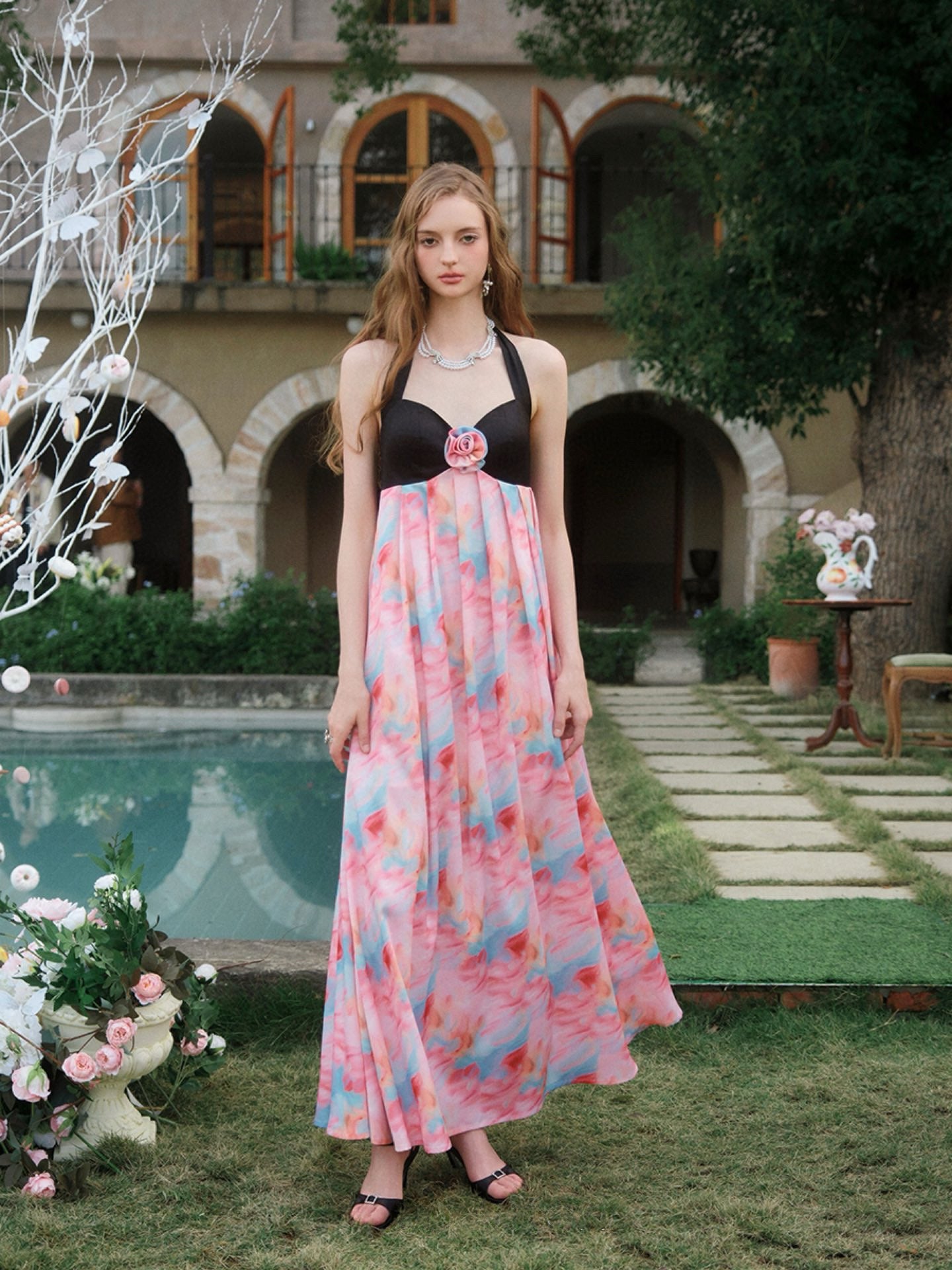 Black and Watercolor Printed Halter Gathered Maxi Dress
