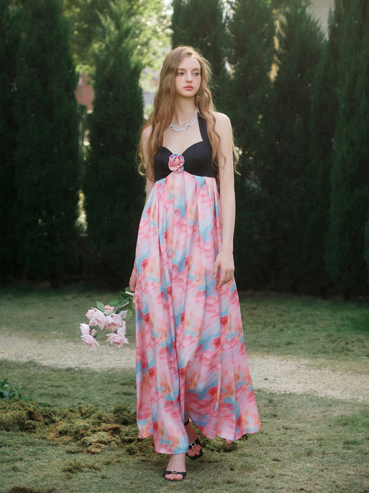 Black and Watercolor Printed Halter Gathered Maxi Dress