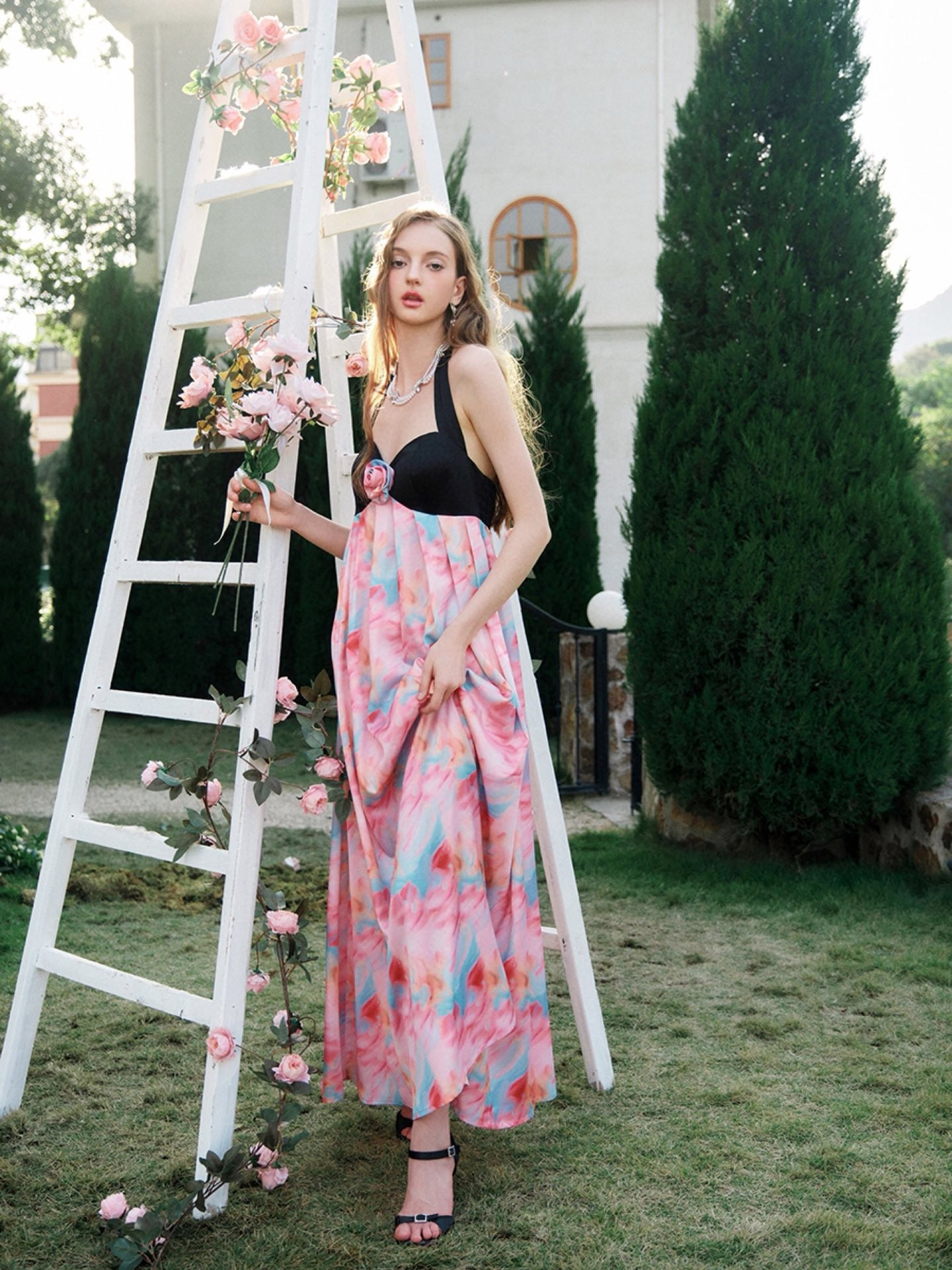 Black and Watercolor Printed Halter Gathered Maxi Dress