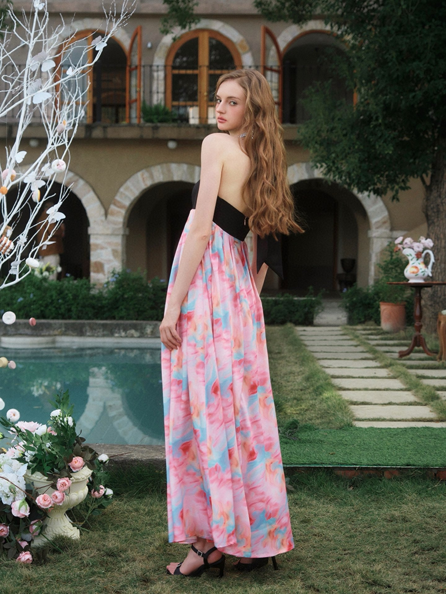 Black and Watercolor Printed Halter Gathered Maxi Dress