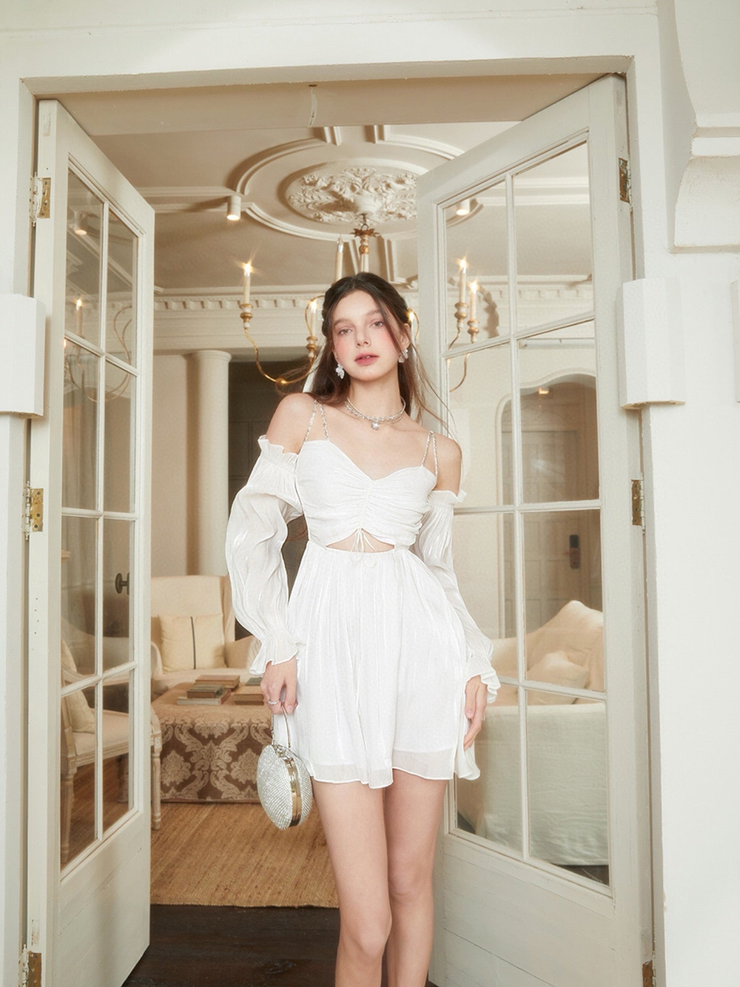 Silky Cutout Off-Shoulder Mini Dress in White