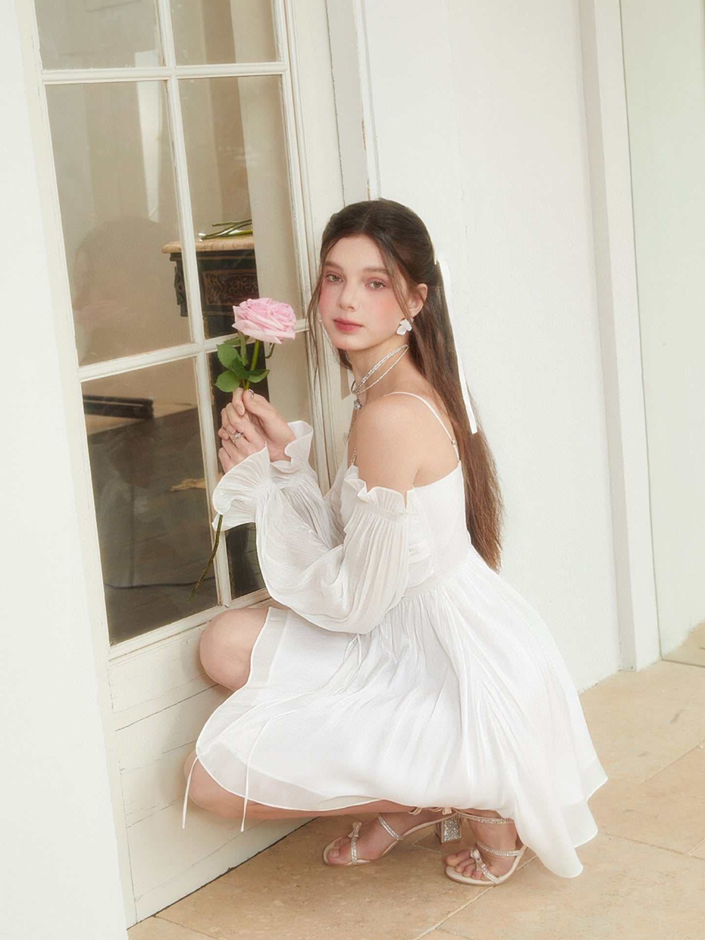 Silky Cutout Off-Shoulder Mini Dress in White