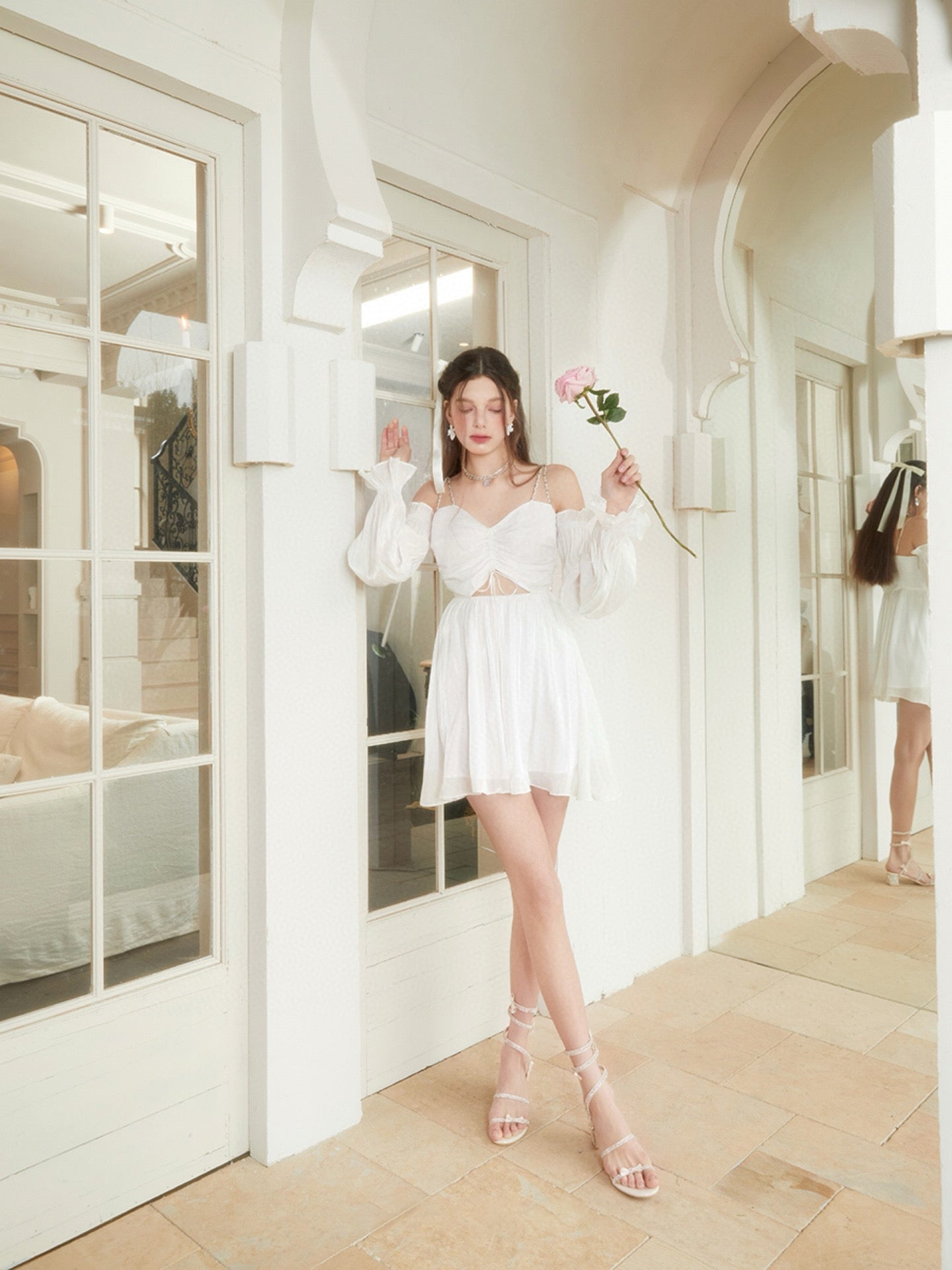 Silky Cutout Off-Shoulder Mini Dress in White
