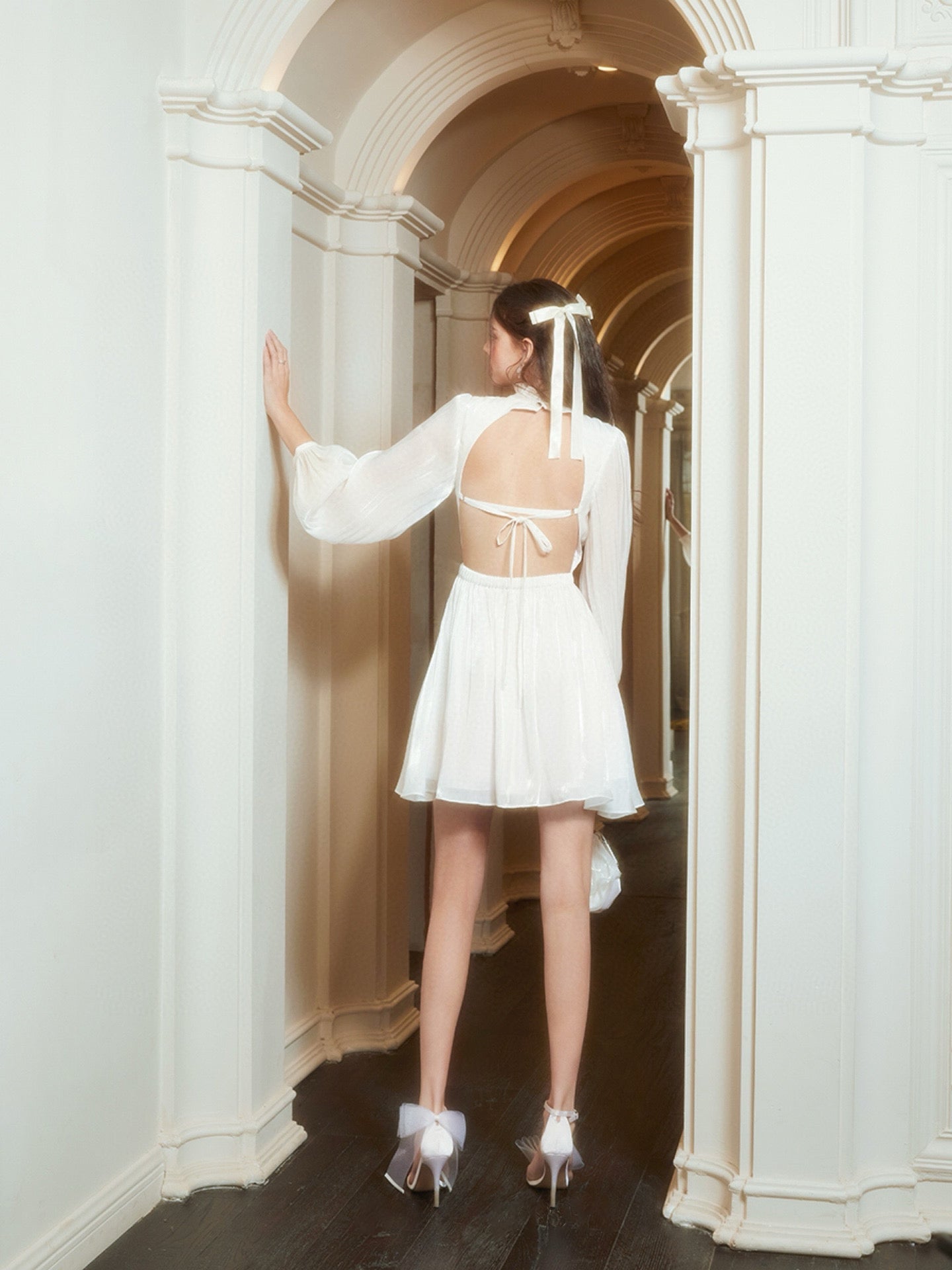 Backless Long Sleeve Mini Dress in White