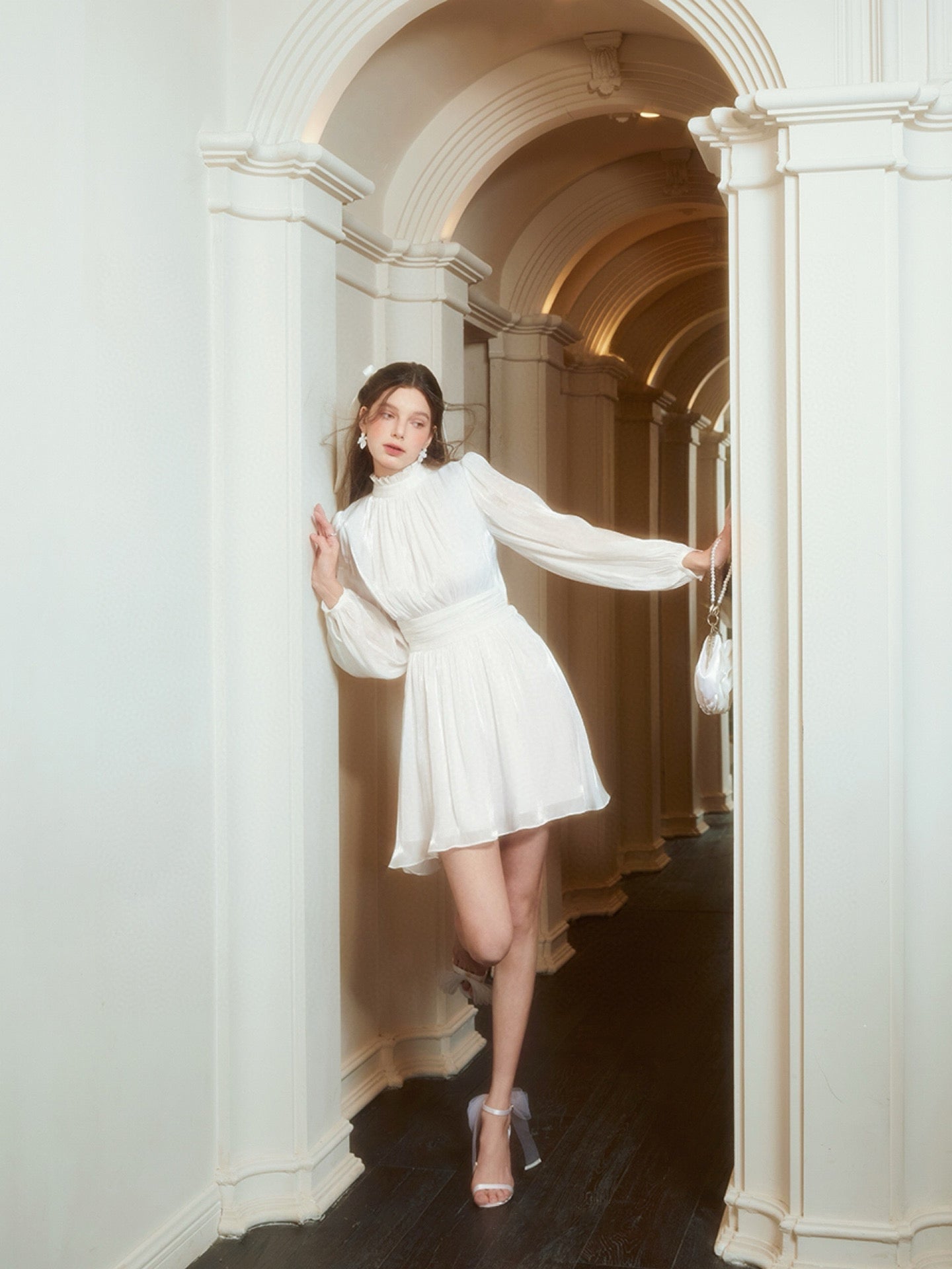 Backless Long Sleeve Mini Dress in White