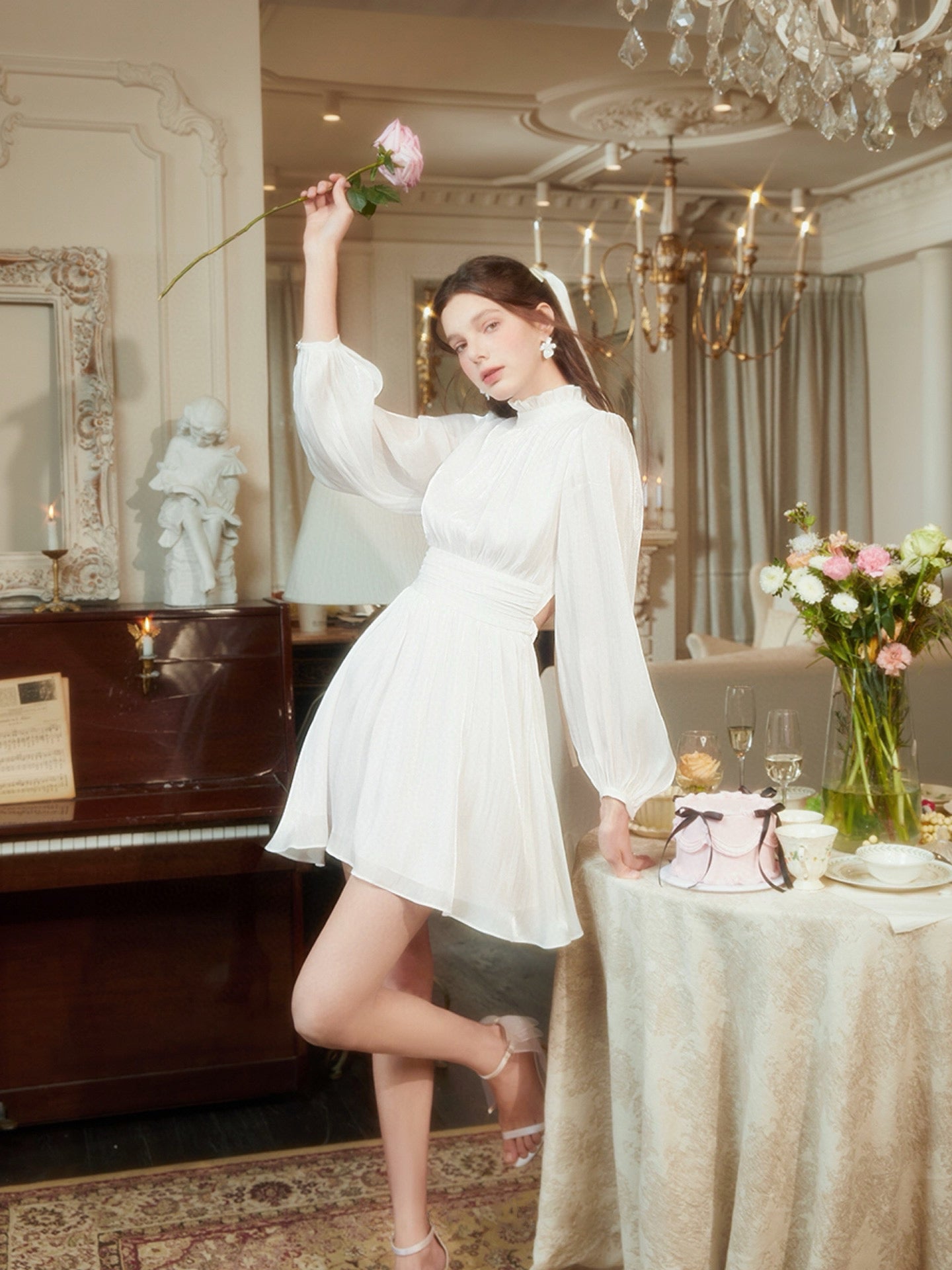 Backless Long Sleeve Mini Dress in White