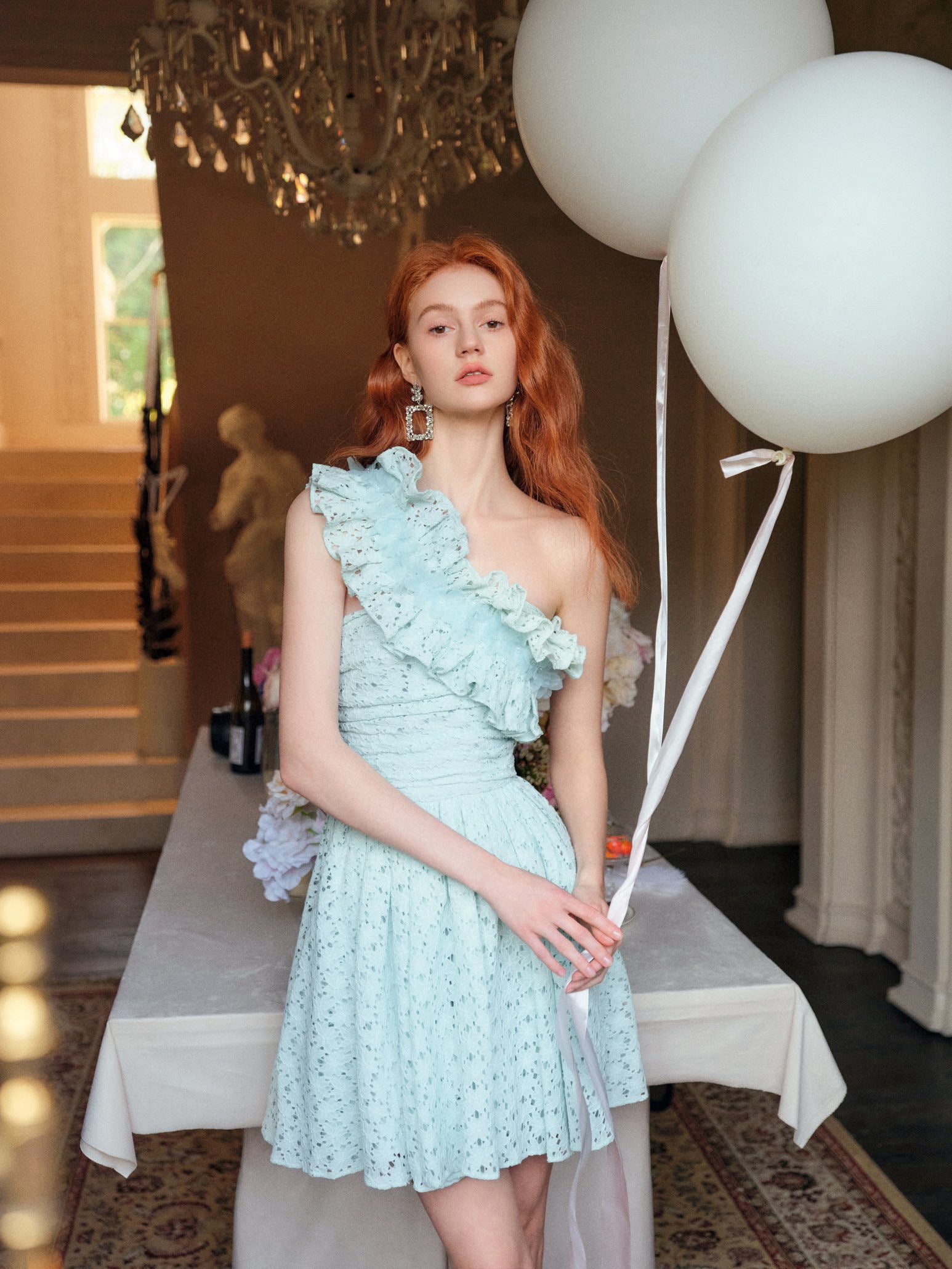 Handmade Crystal Flower One-Shoulder Ruffled Dress