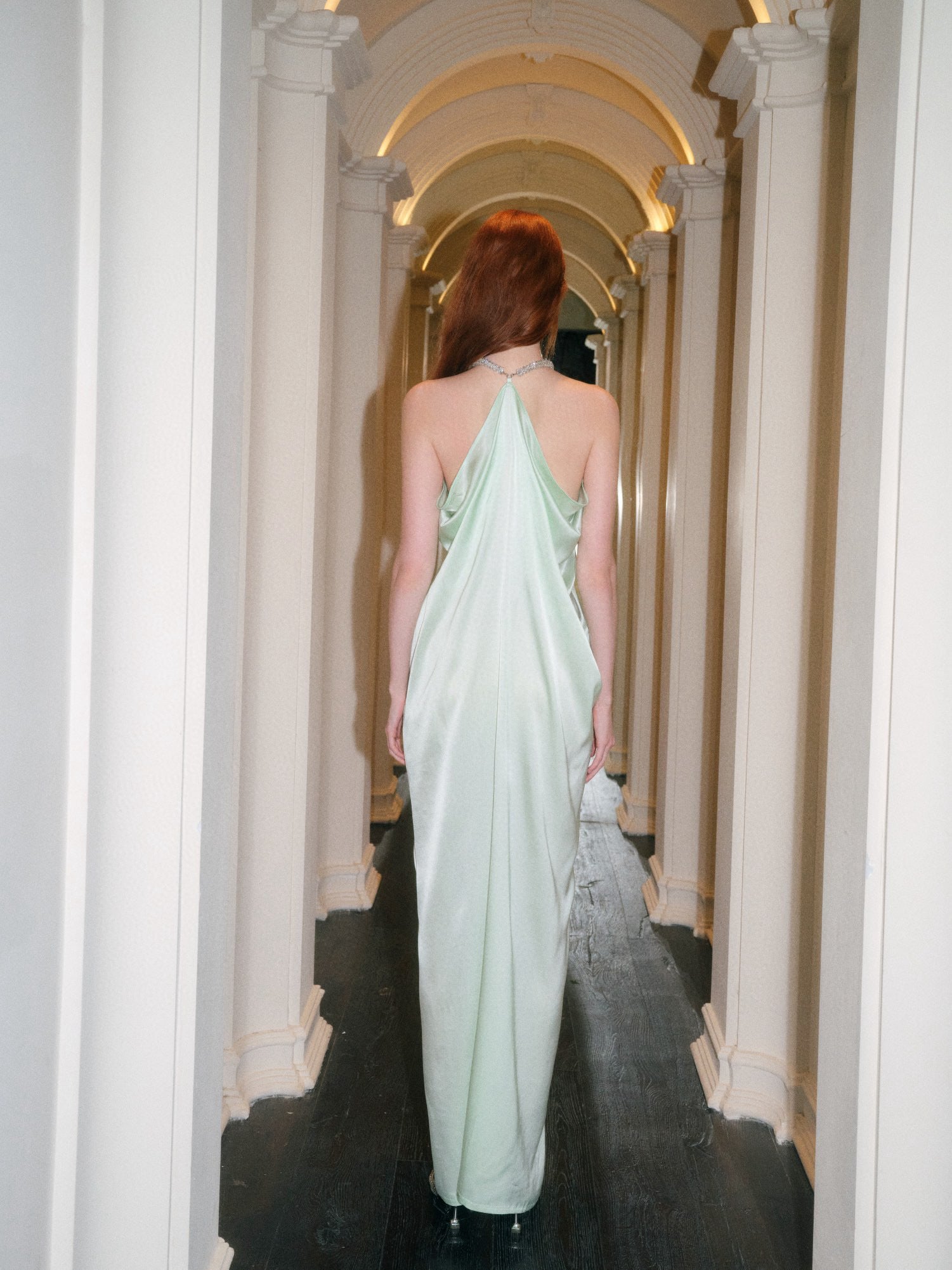 Light Green Rhinestone Halter Bow Dress