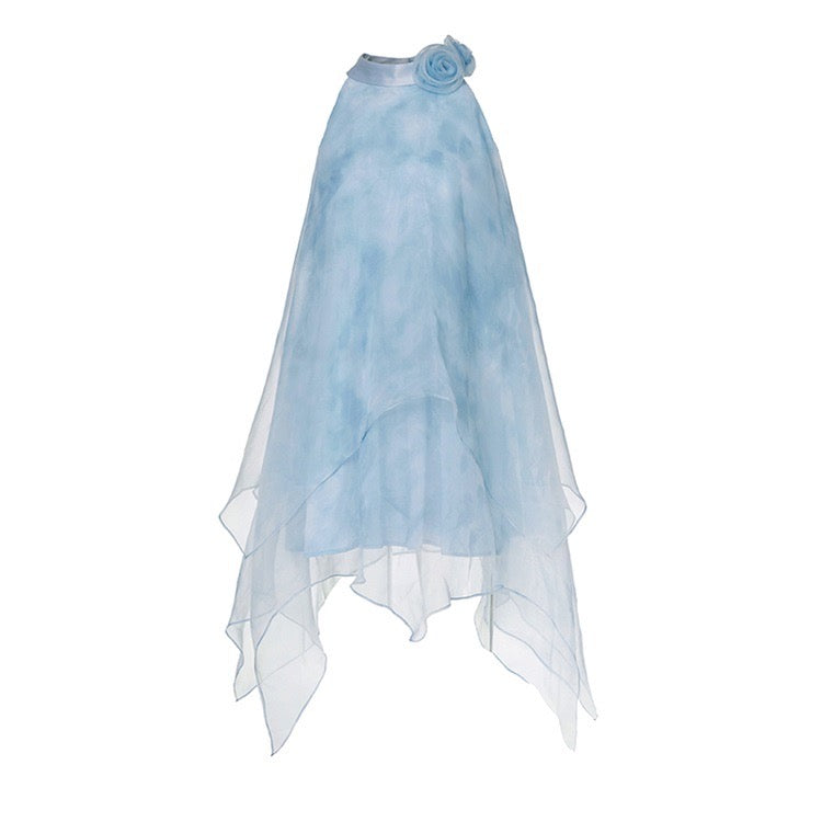 Dyed Organza Asymmetrical Hem Dress in Blue