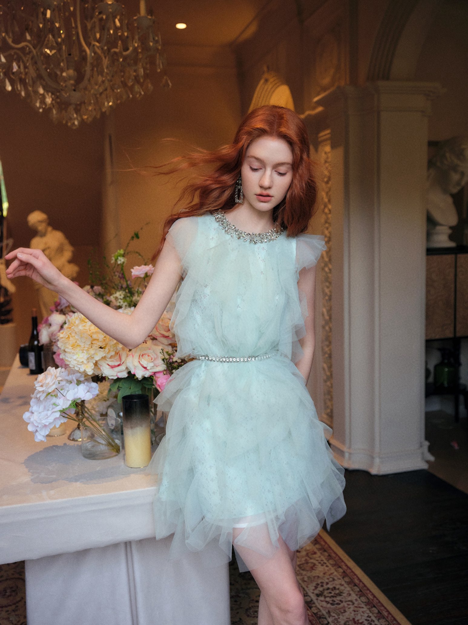 Crystal Embellished Layered Ruffle Dress