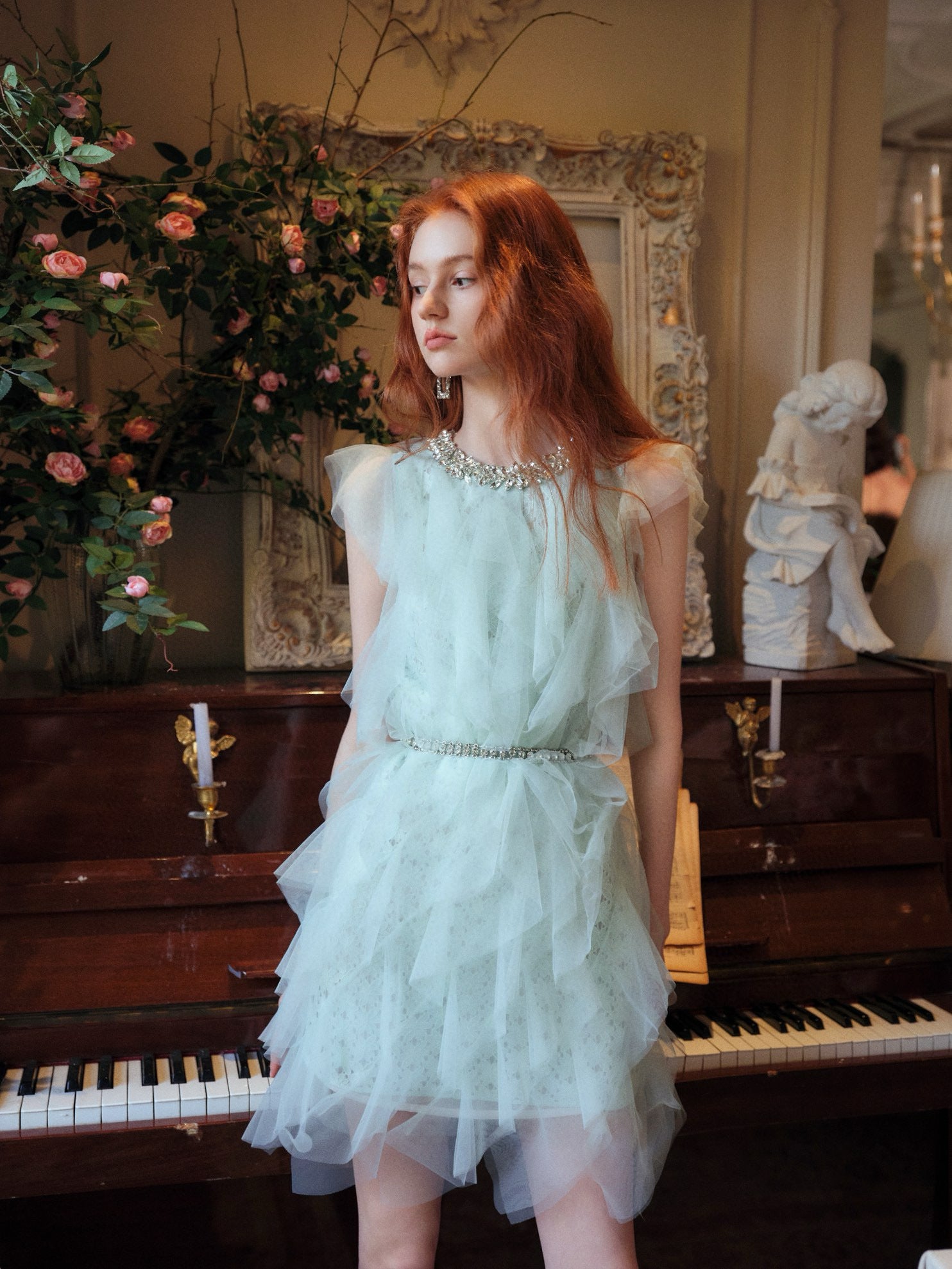 Crystal Embellished Layered Ruffle Dress