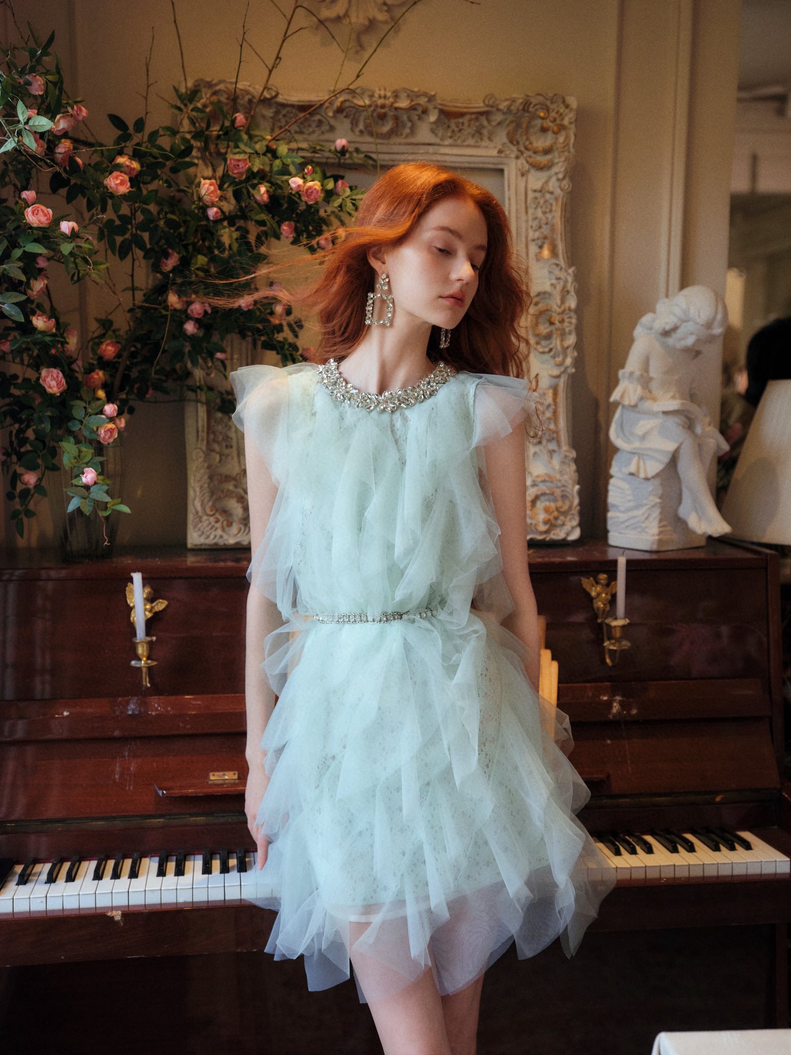Crystal Embellished Layered Ruffle Dress