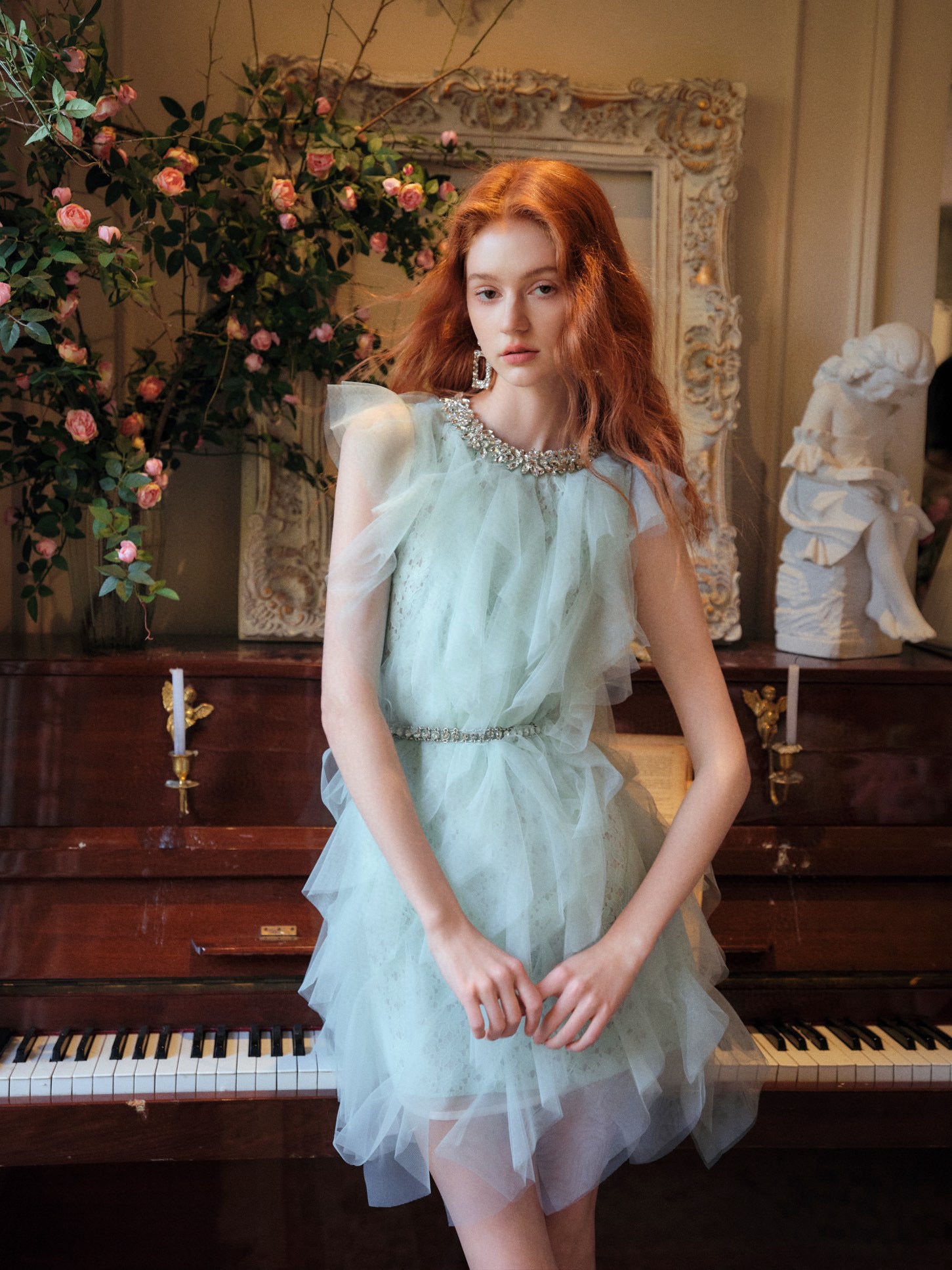 Crystal Embellished Layered Ruffle Dress