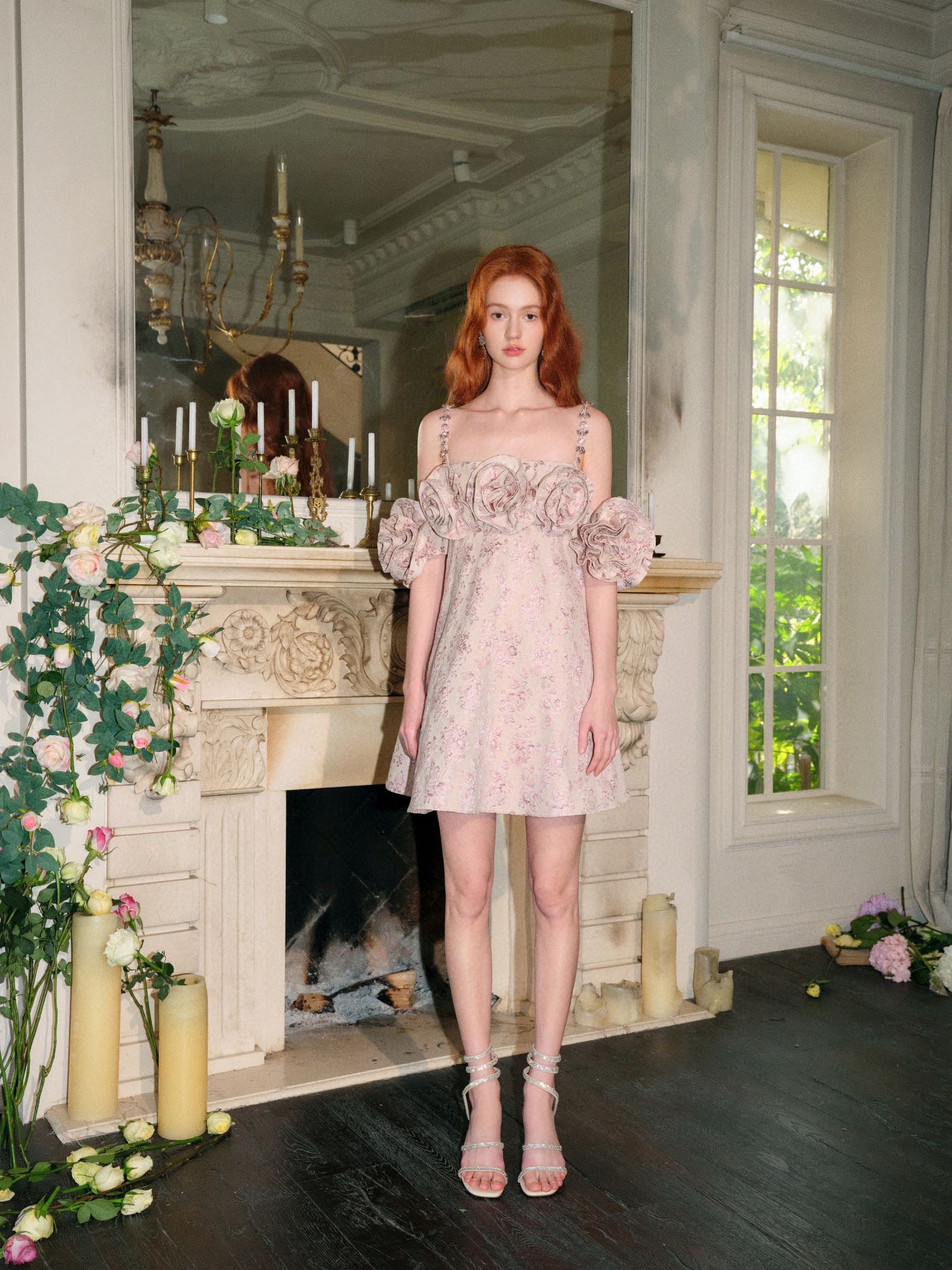 Gold Pink Handcrafted Rose Diamond Chain Dress