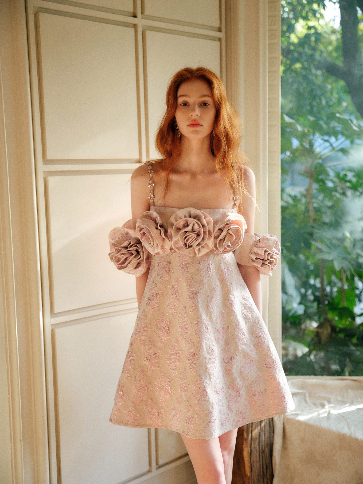 Gold Pink Handcrafted Rose Diamond Chain Dress