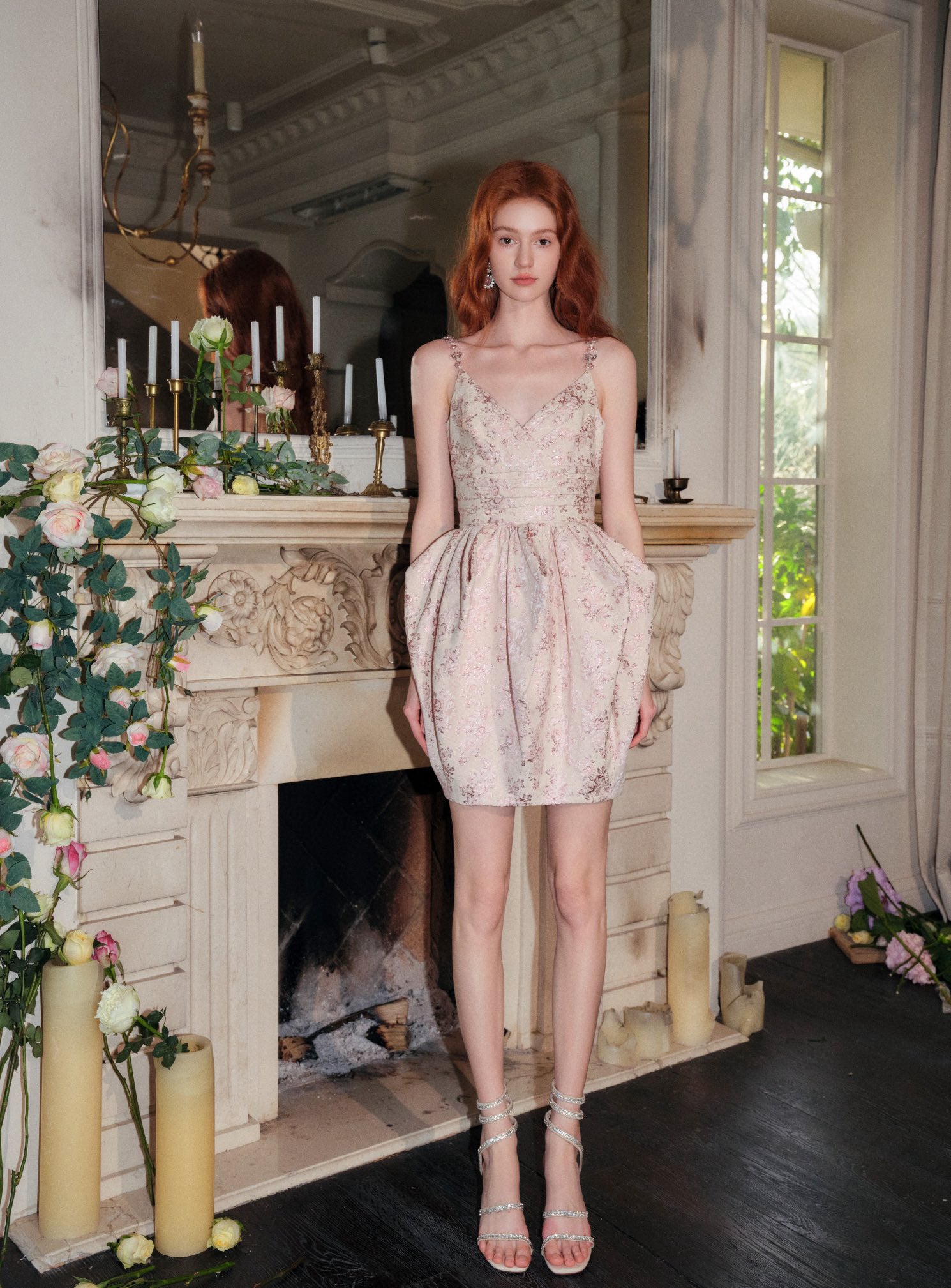 Gold Jacquard Pleated Embellished Dress