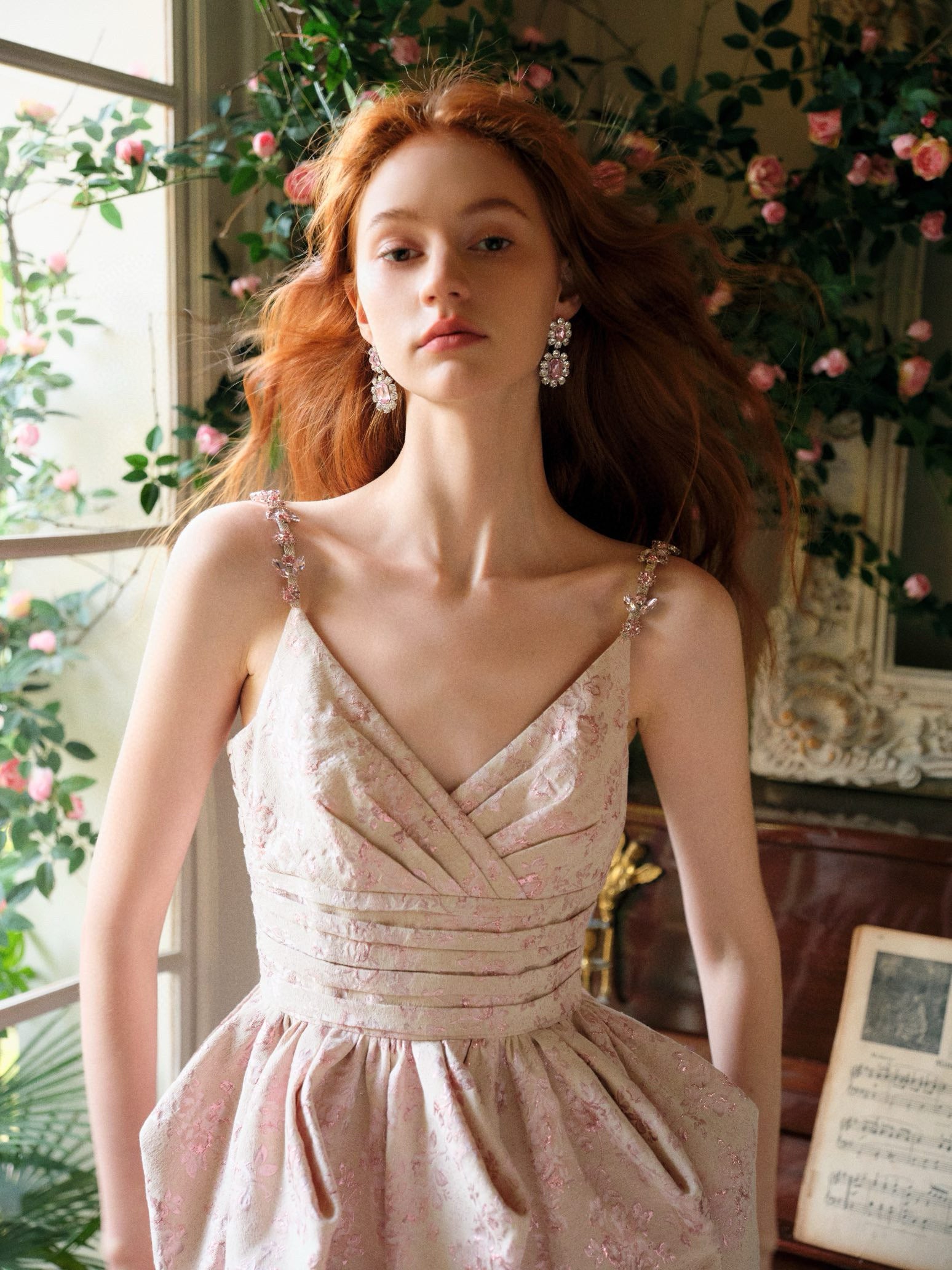 Gold Jacquard Pleated Embellished Dress