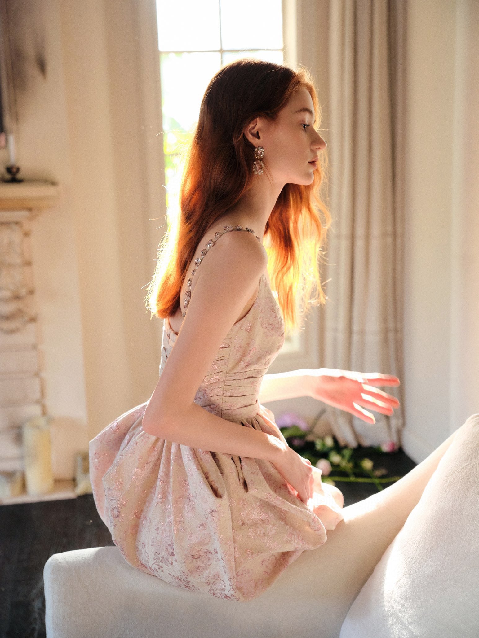 Gold Jacquard Pleated Embellished Dress