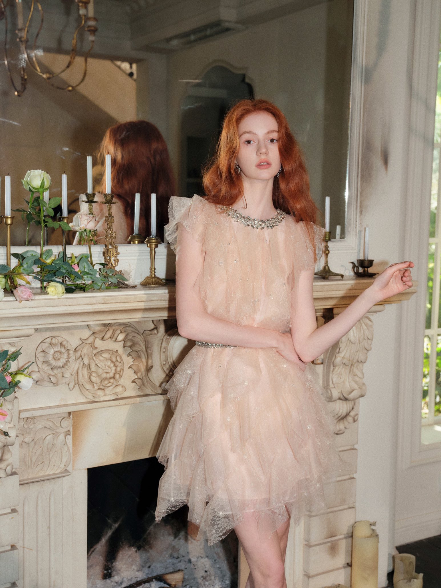 Crystal Embellished Layered Ruffle Dress