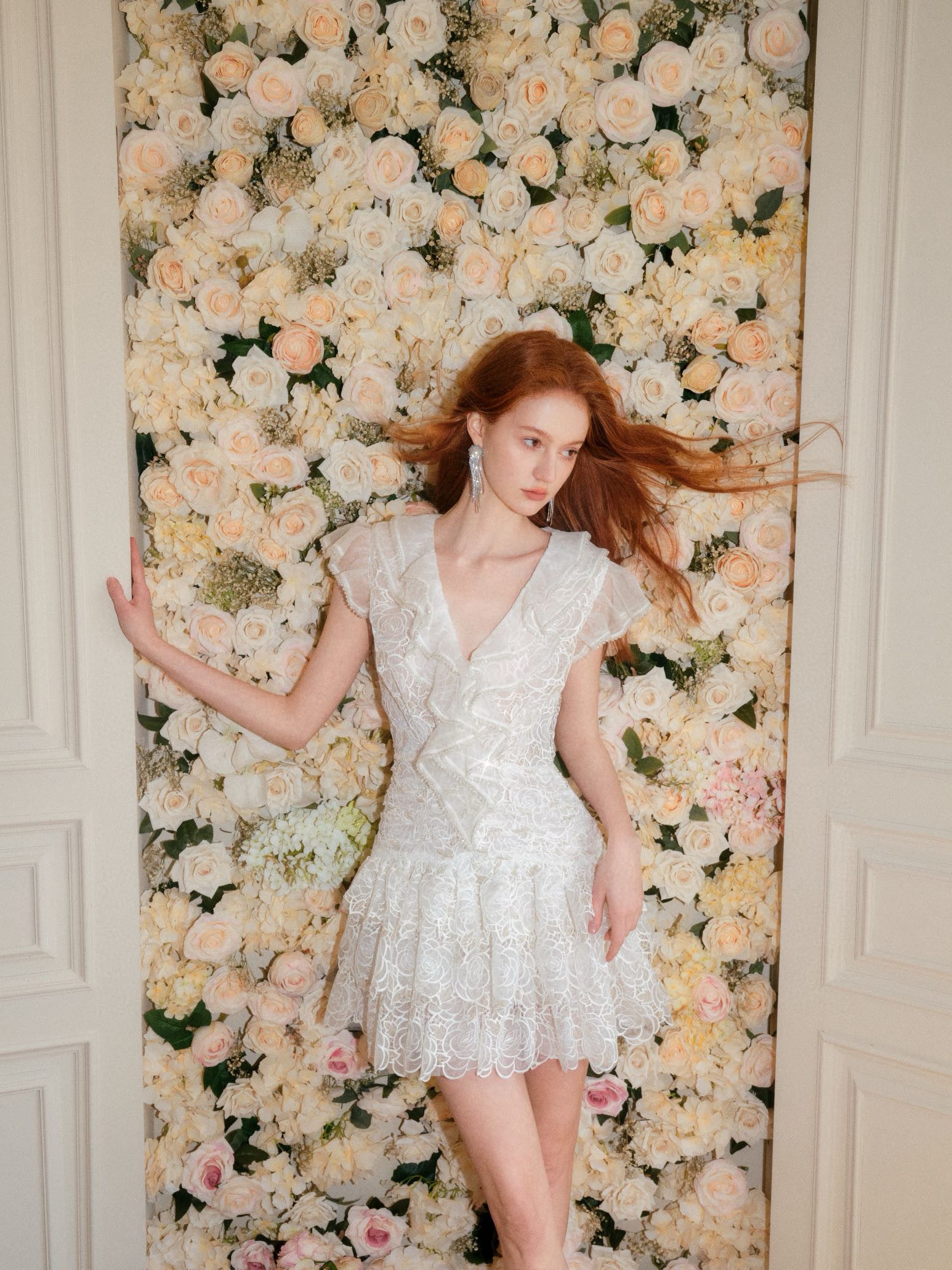 Rose Embroidered Ruffle Crystal-Embellished Dress