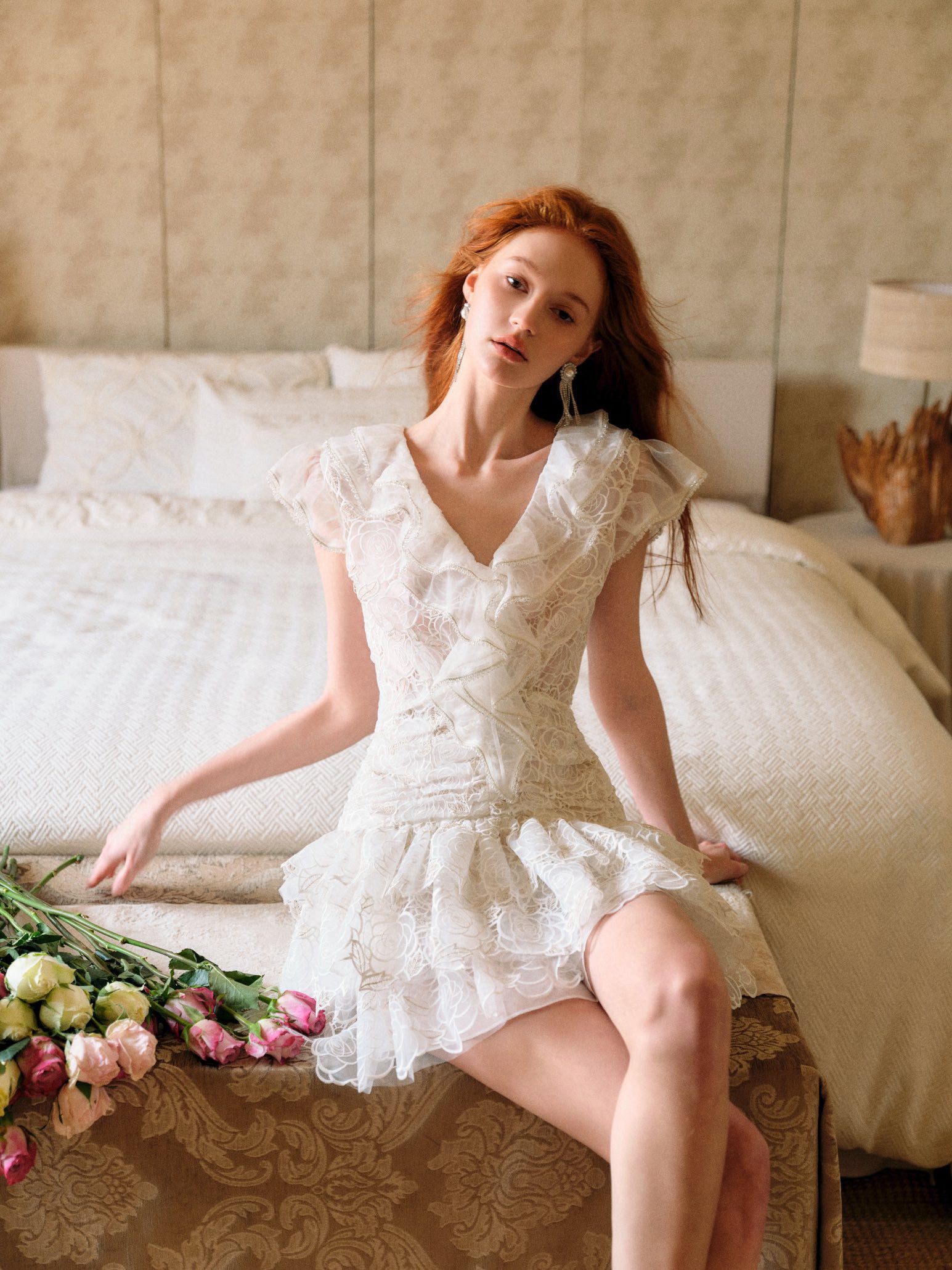 Rose Embroidered Ruffle Crystal-Embellished Dress