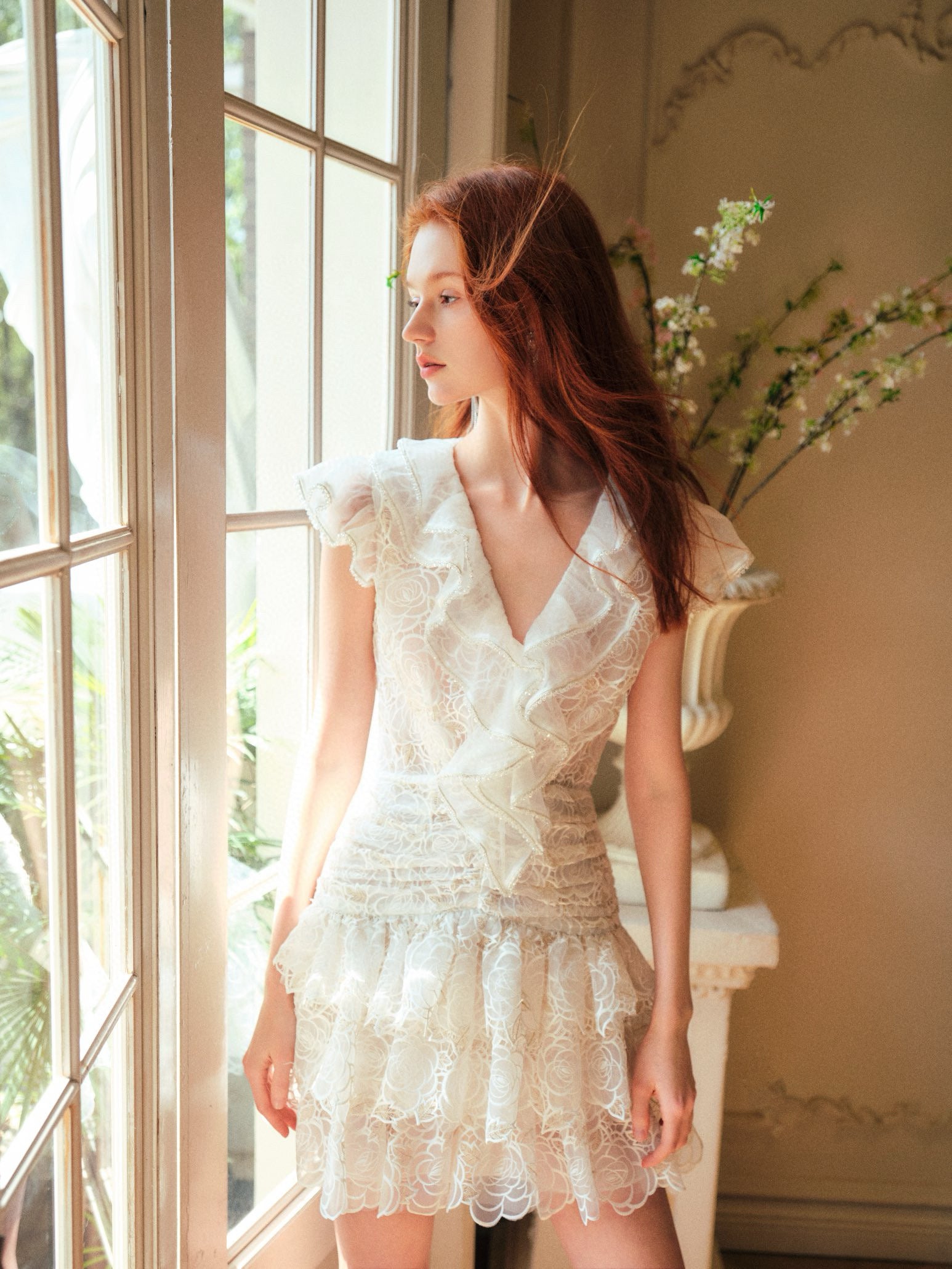 Rose Embroidered Ruffle Crystal-Embellished Dress