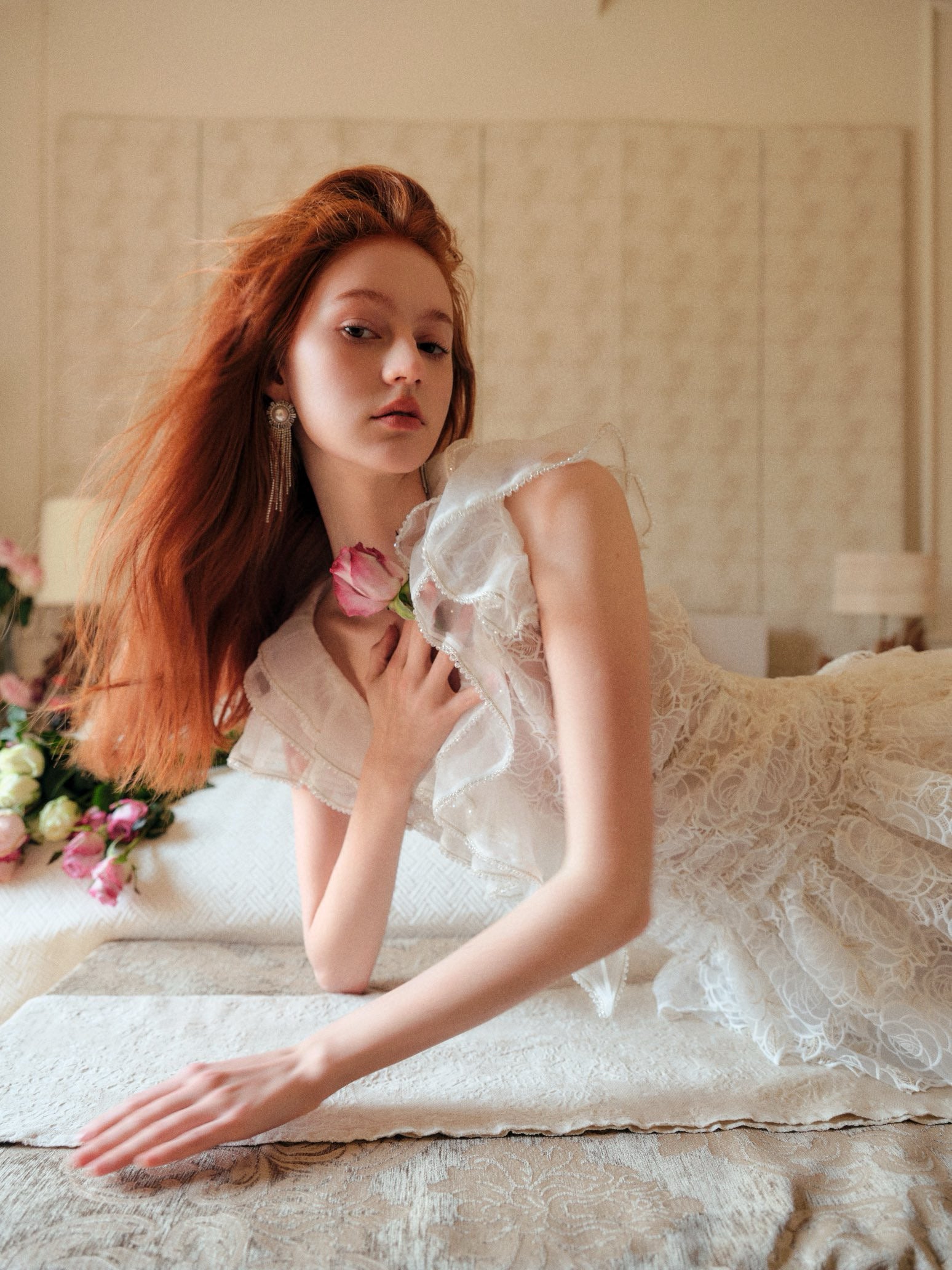 Rose Embroidered Ruffle Crystal-Embellished Dress