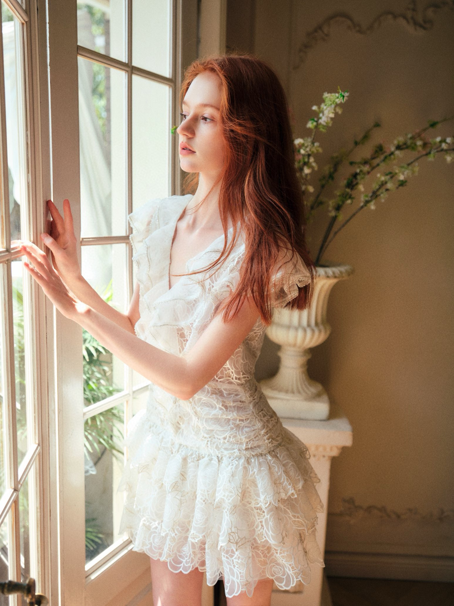 Rose Embroidered Ruffle Crystal-Embellished Dress