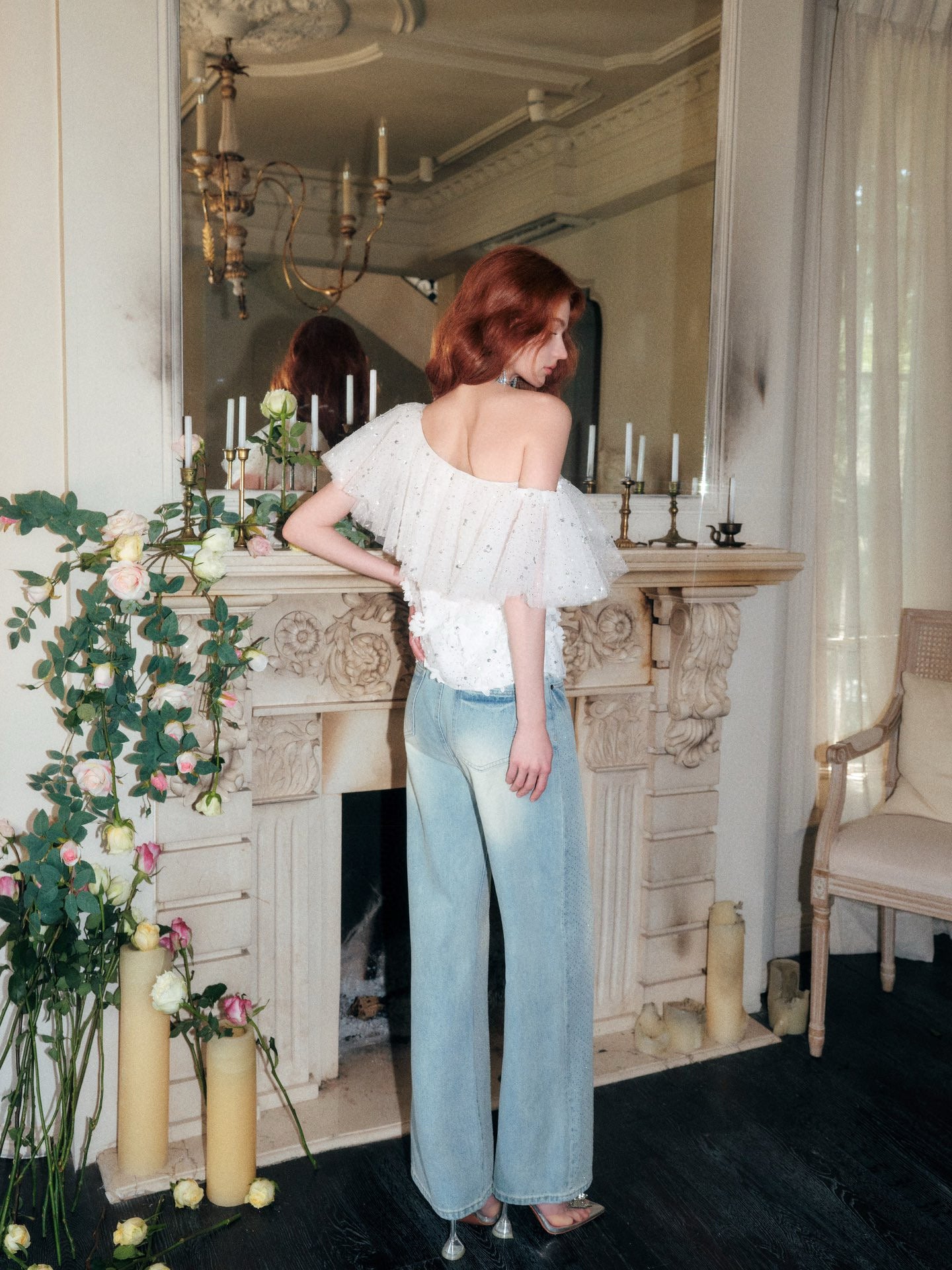Crystal Flower Embellished Off-shoulder Ruffle Top