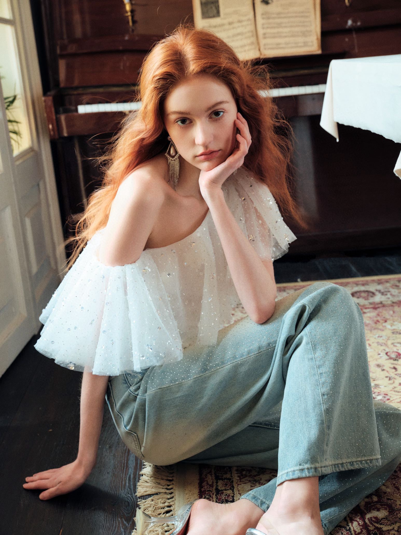 Crystal Flower Embellished Off-shoulder Ruffle Top