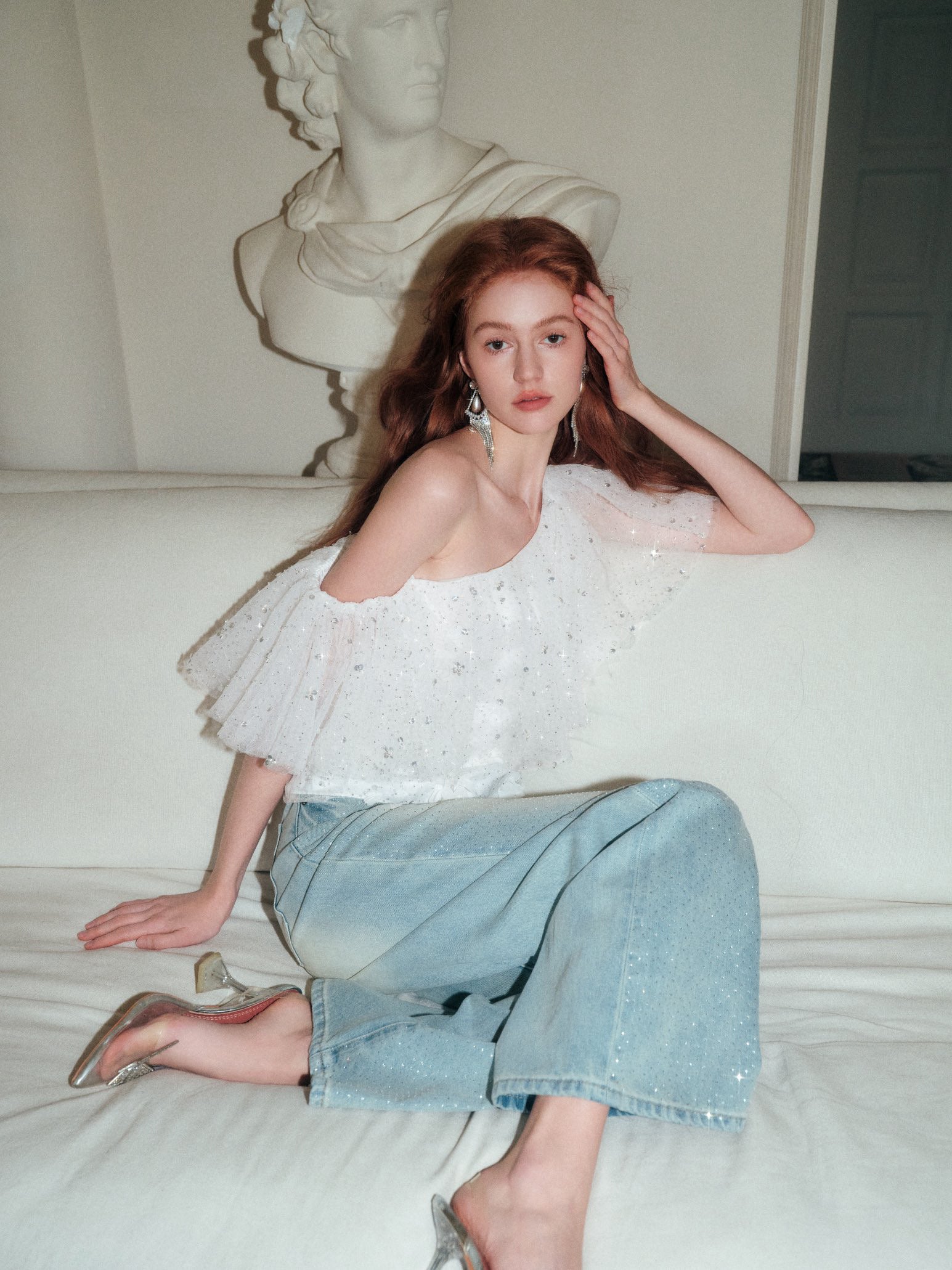 Crystal Flower Embellished Off-shoulder Ruffle Top