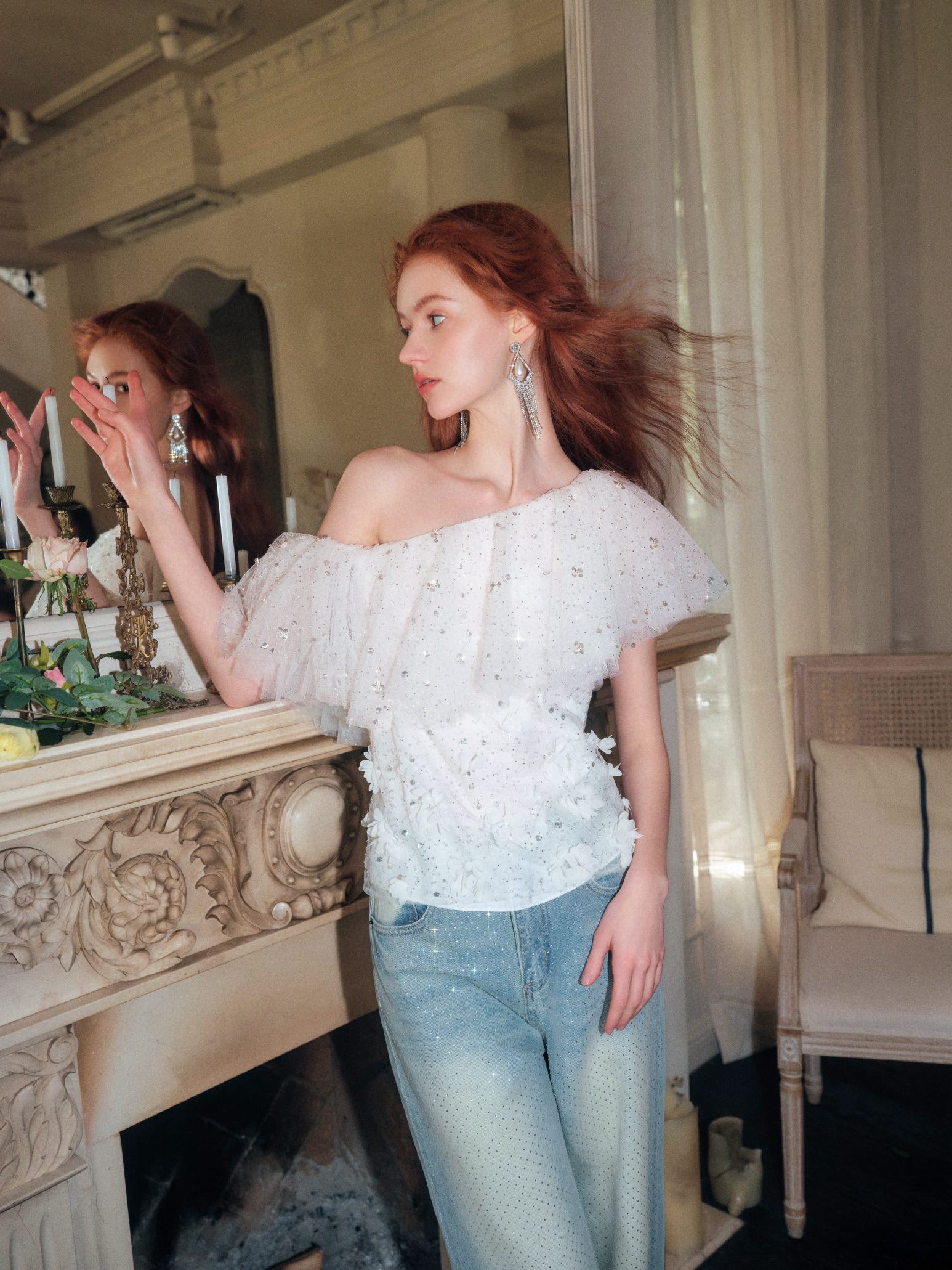 Crystal Flower Embellished Off-shoulder Ruffle Top
