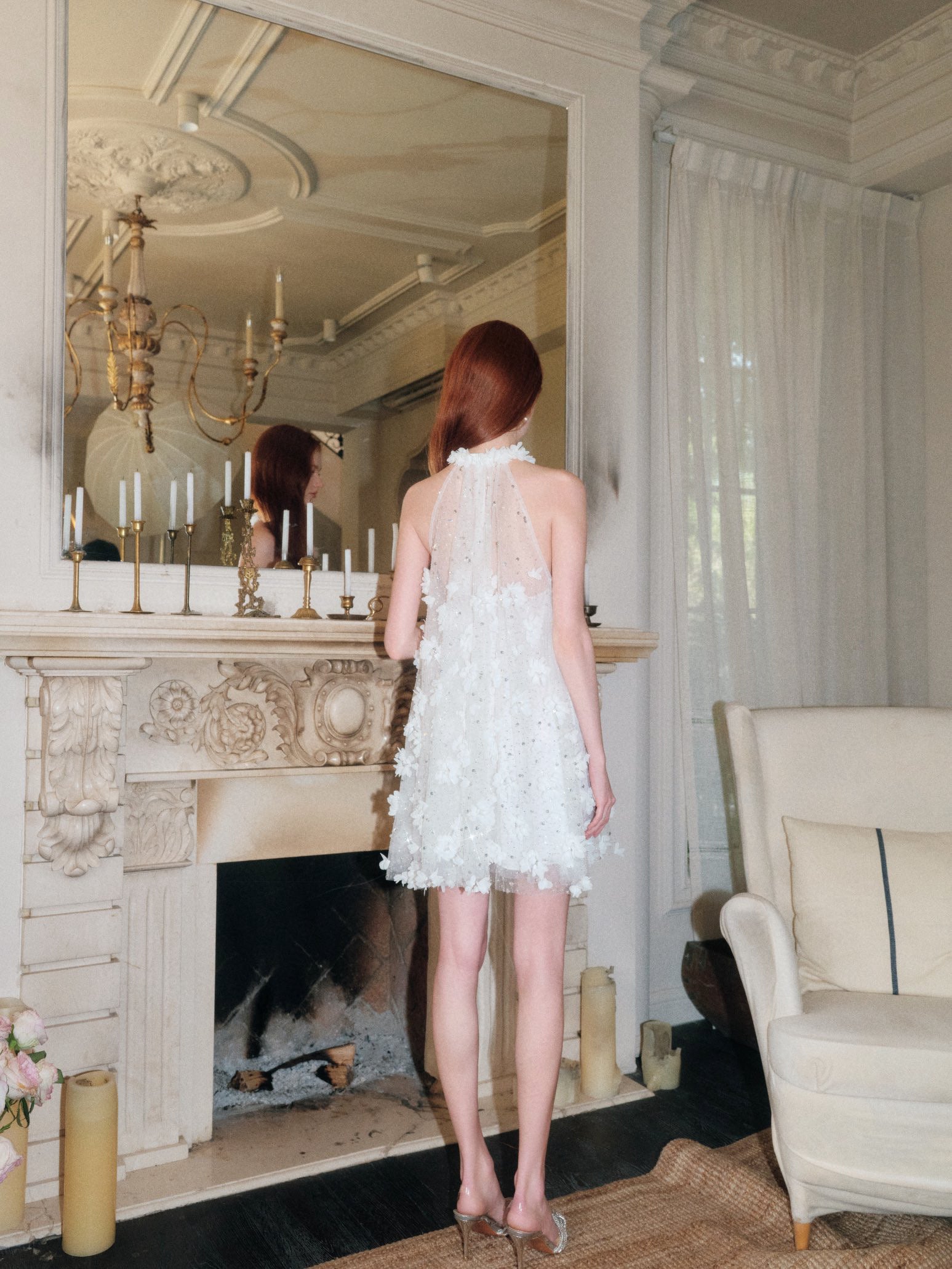 Crystal Embellished Floral Halter Sheer Dress