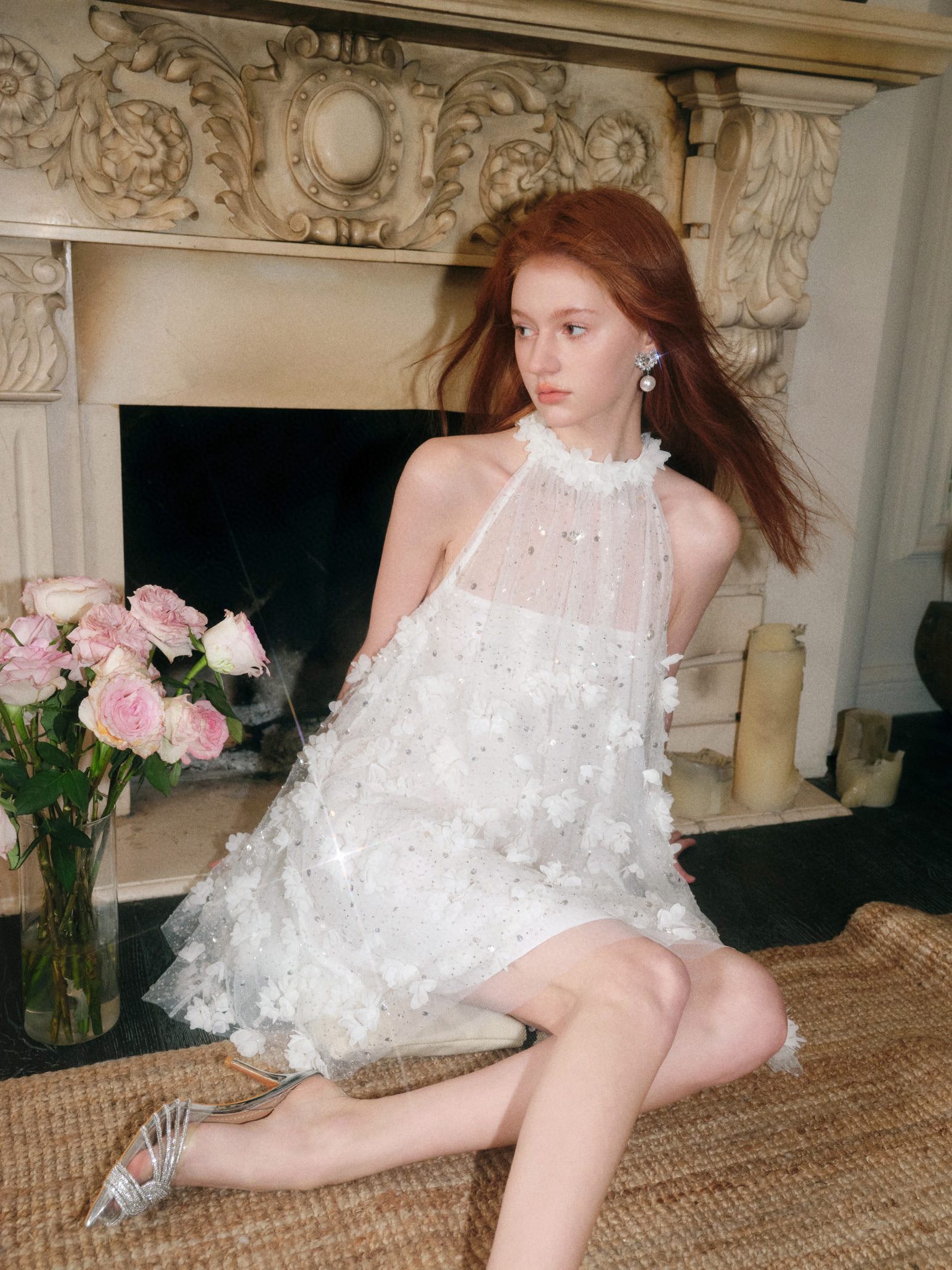 Crystal Embellished Floral Halter Sheer Dress