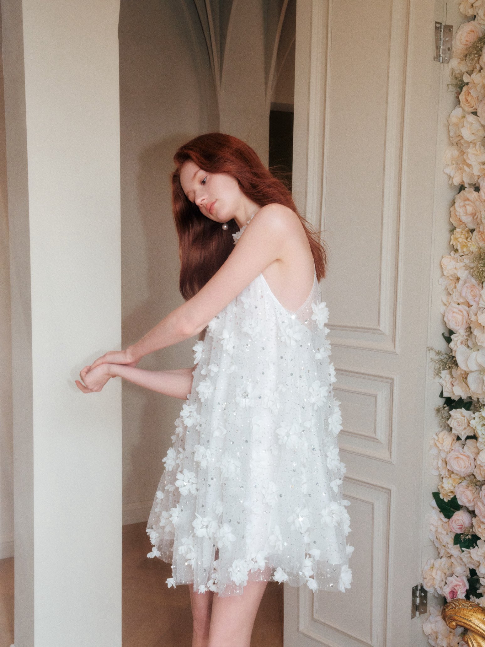 Crystal Embellished Floral Halter Sheer Dress
