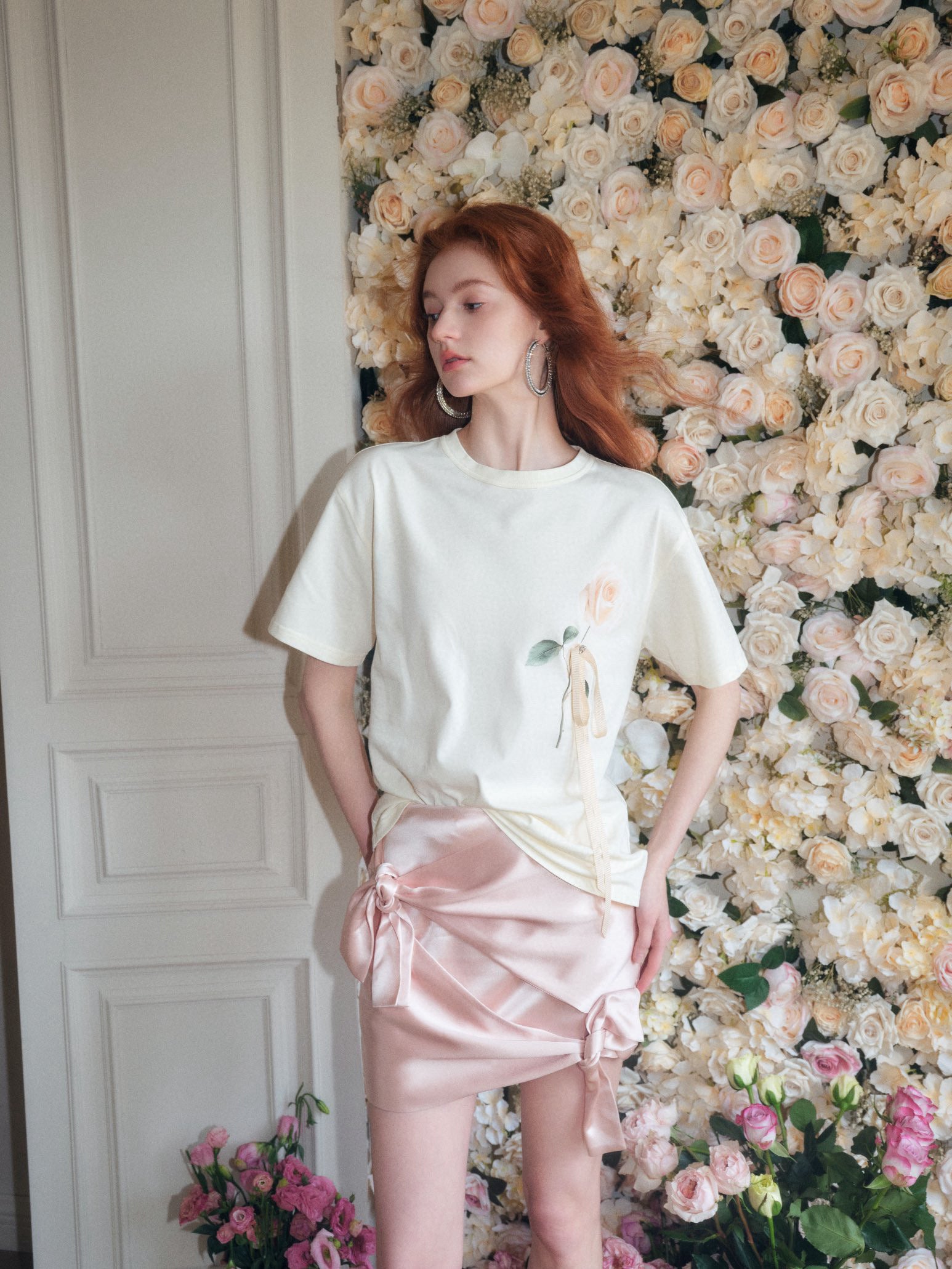 Peach Pink Bowknot Lace-up Skirt