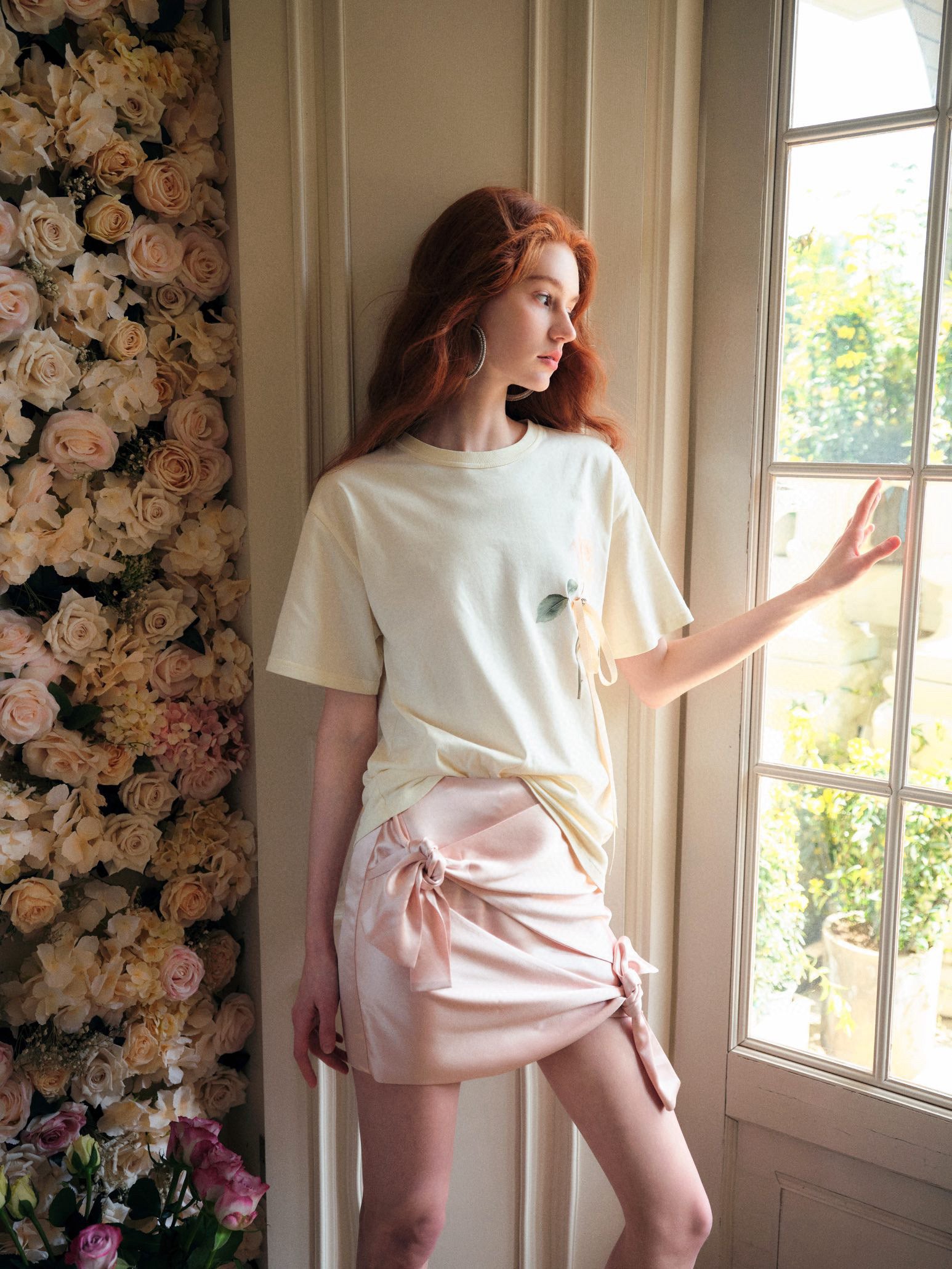 Peach Pink Bowknot Lace-up Skirt