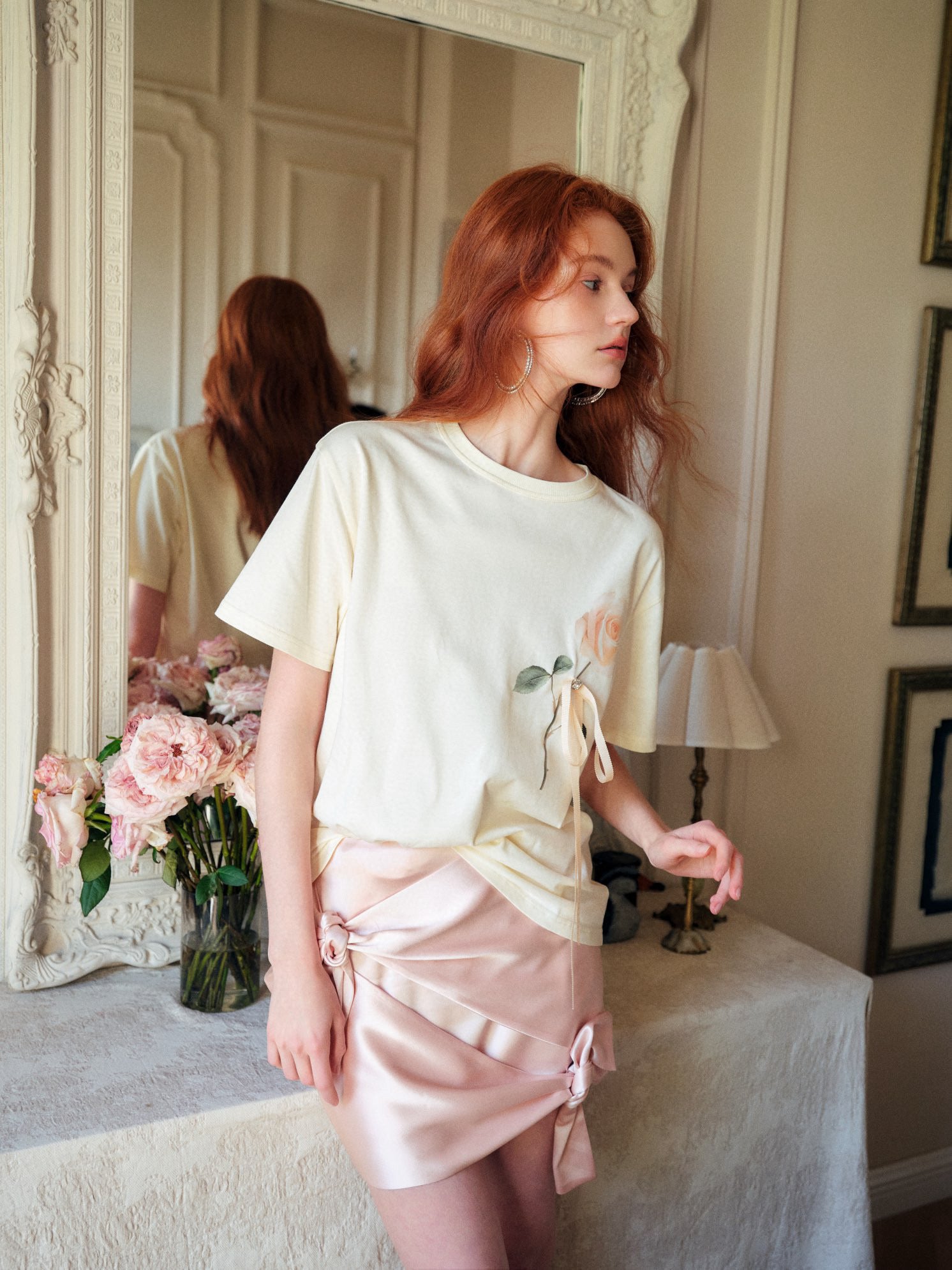 Peach Pink Bowknot Lace-up Skirt
